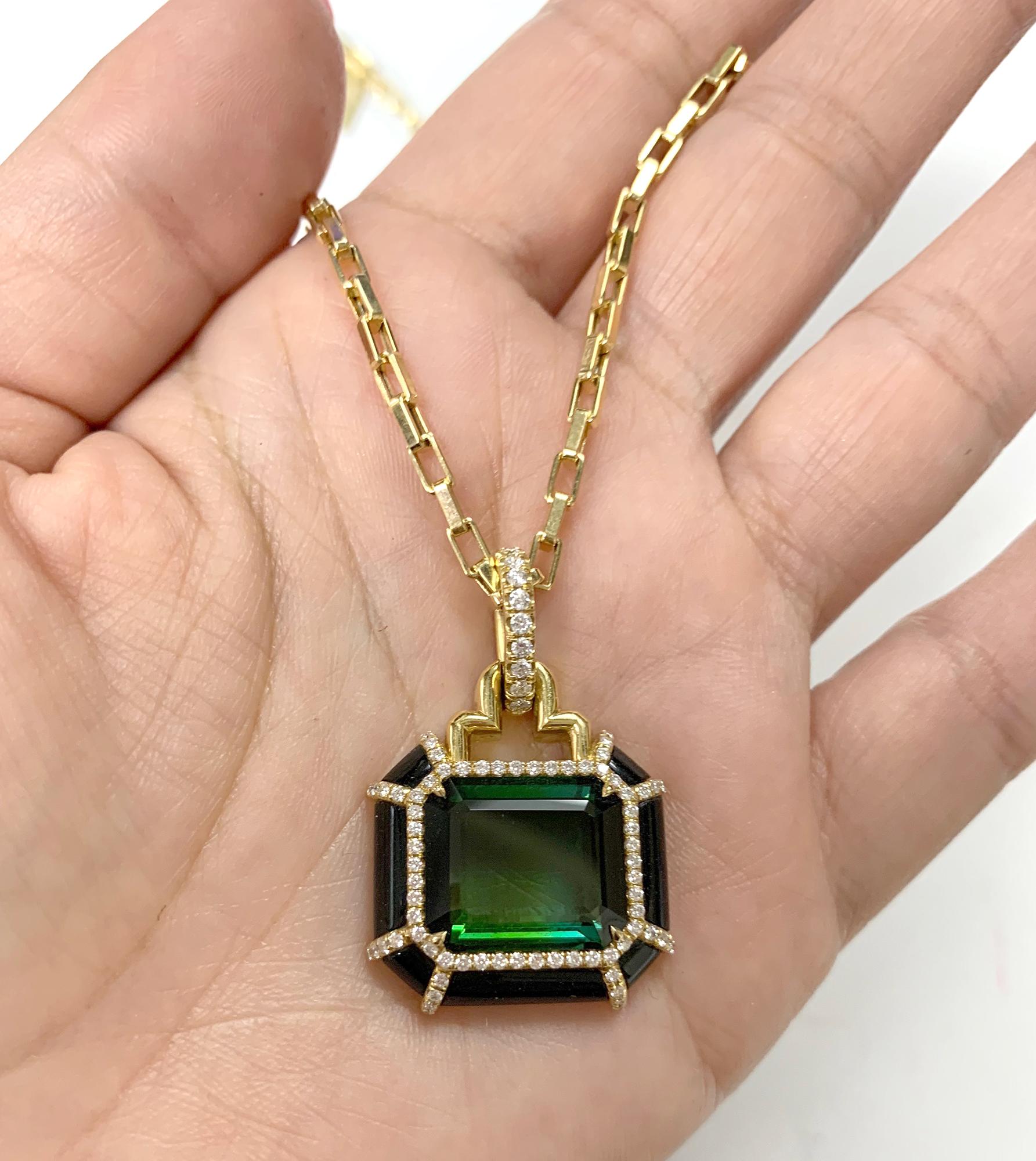 Contemporary Goshwara Emerald Cut Green Tourmaline and Diamond Pendant