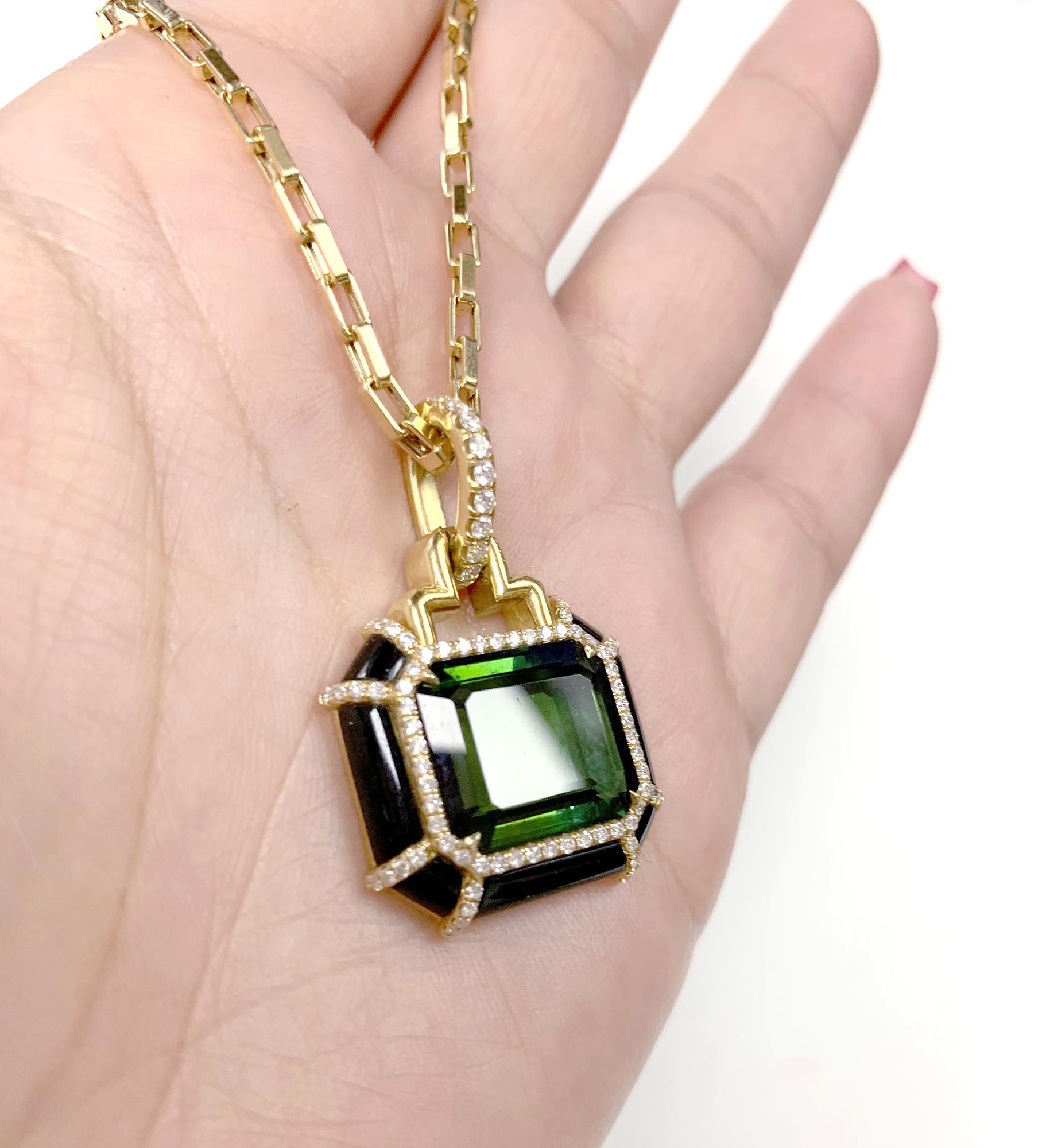 Goshwara Emerald Cut Green Tourmaline and Diamond Pendant In New Condition For Sale In New York, NY