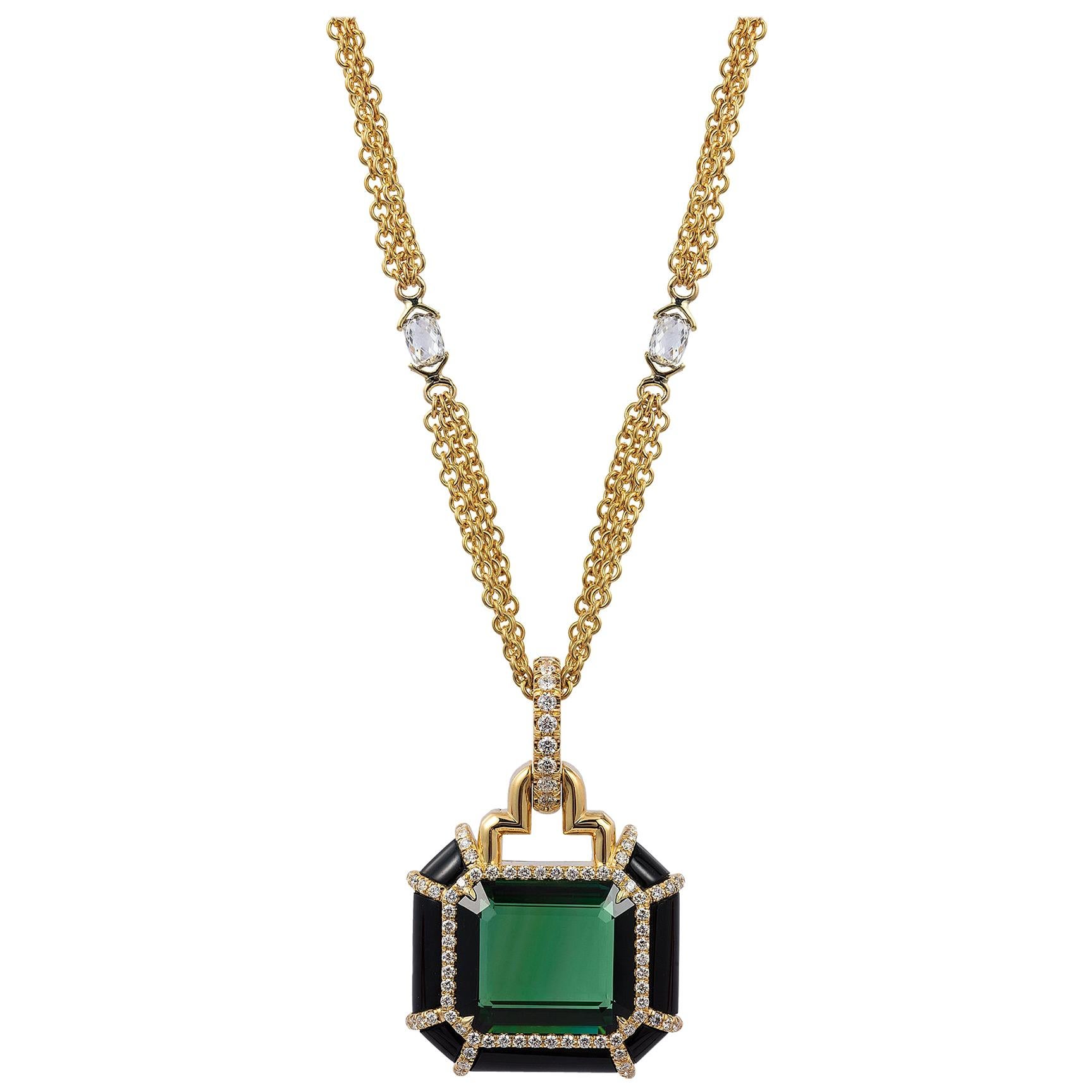 Goshwara Emerald Cut Green Tourmaline and Diamond Pendant For Sale