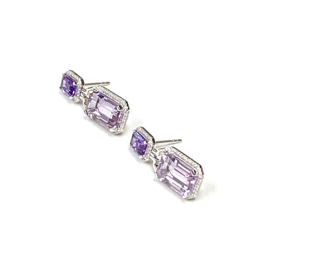 Goshwara Emerald Cut Lavender Amethyst and Amethyst With Diamond Earrings For Sale 2