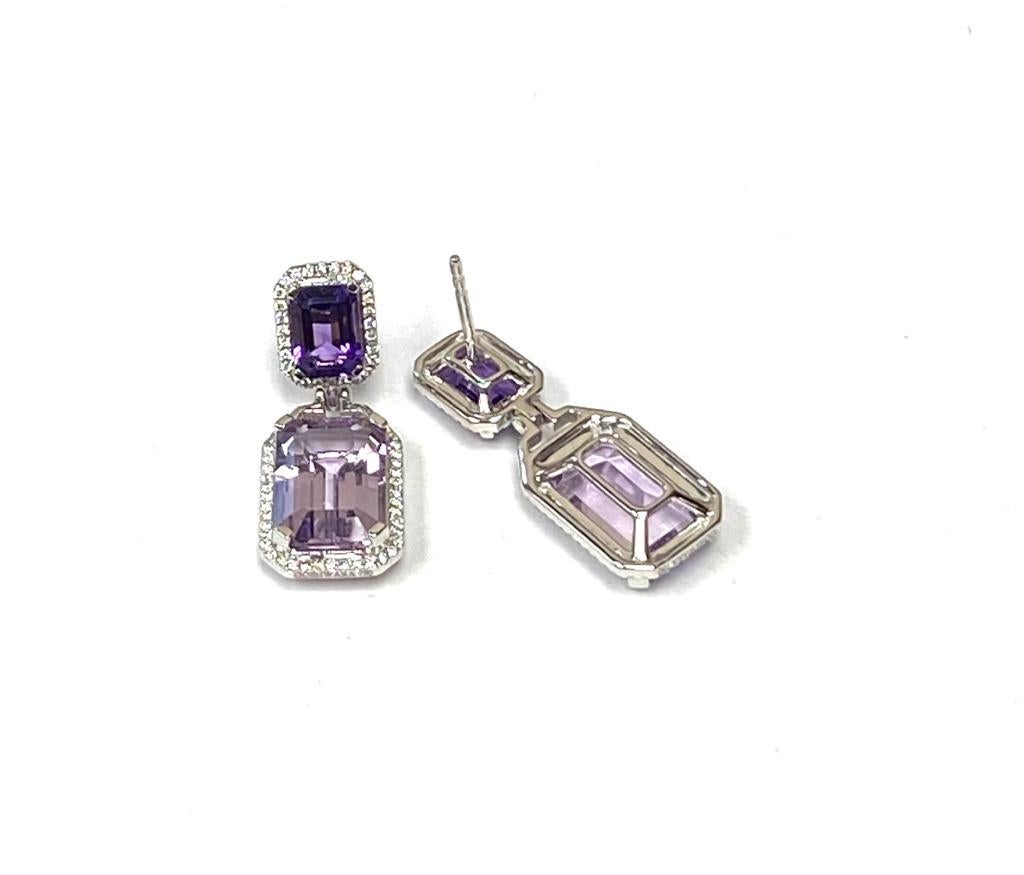 Goshwara Emerald Cut Lavender Amethyst and Amethyst With Diamond Earrings For Sale 4