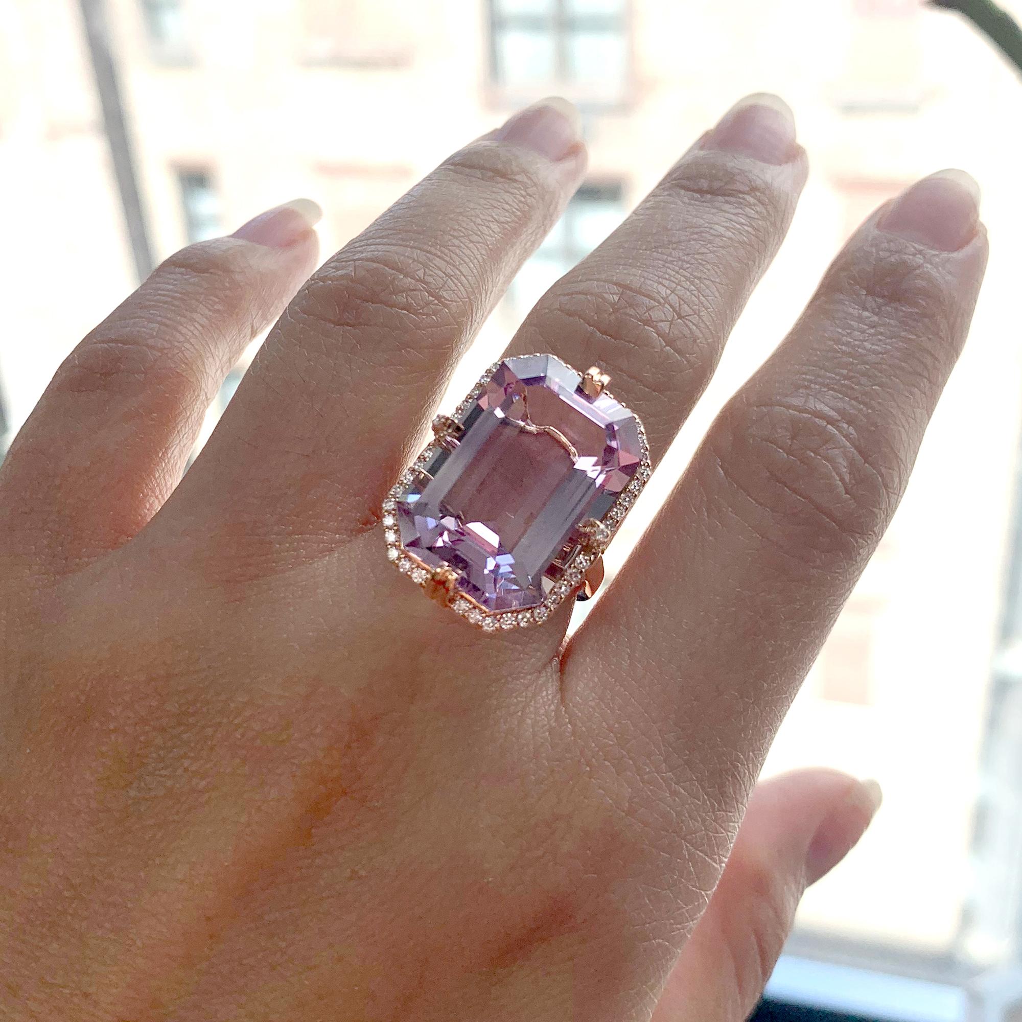 Lavender Amethyst Emerald Cut Ring in 18K Rose Gold with Diamonds, from 'Gossip' Collection. Like any good piece of gossip, this collection carries a hint of shock value. They will have everyone in suspense about what Goshwara will do next.

*