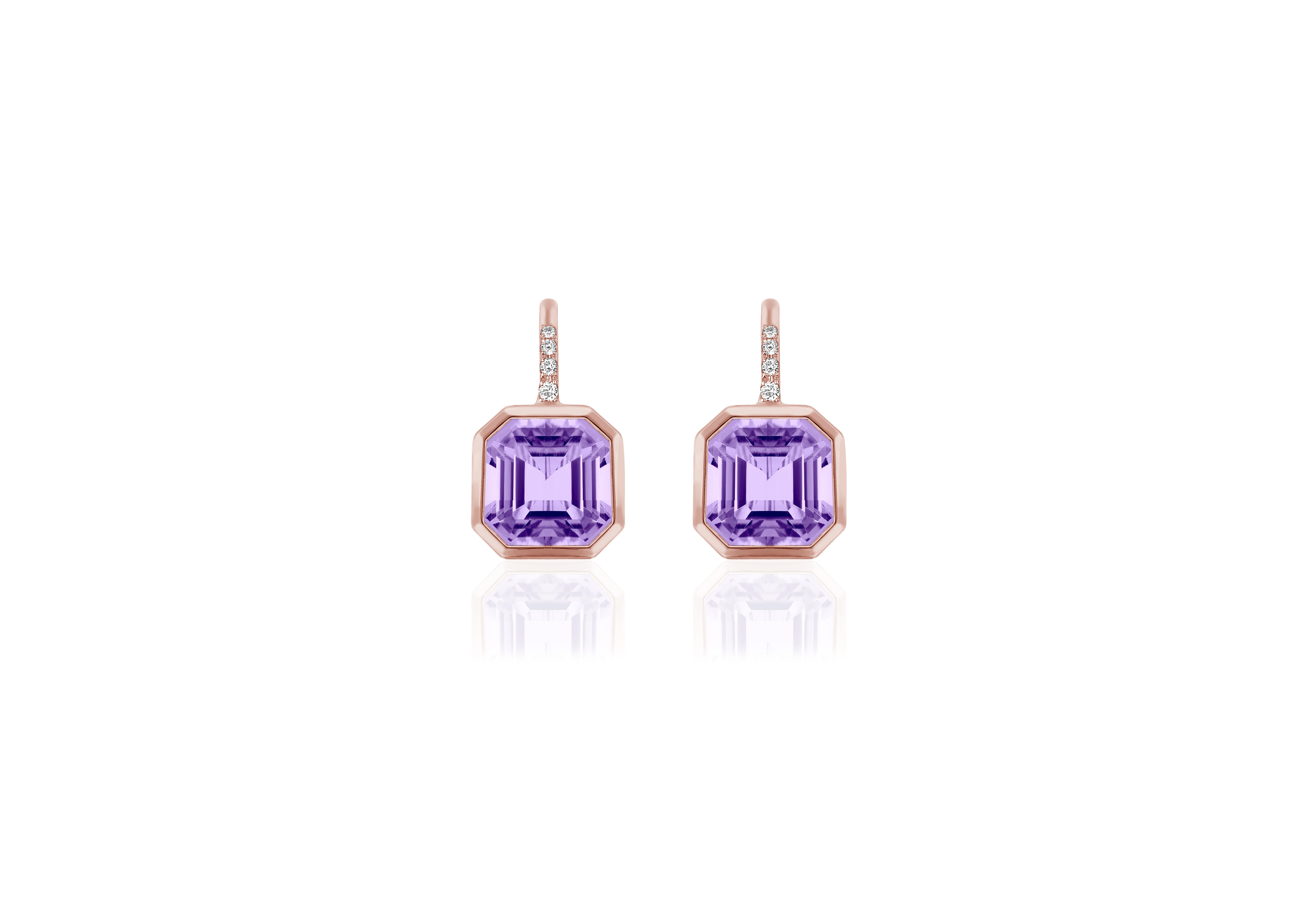 Elevate your style with these exquisite earrings featuring a stunning 9 x 9 mm Asscher-cut Lavender Amethyst gemstone. Expertly set on a delicate wire of 18K Gold, these earrings are adorned with four dazzling Diamonds, adding a touch of luxury and