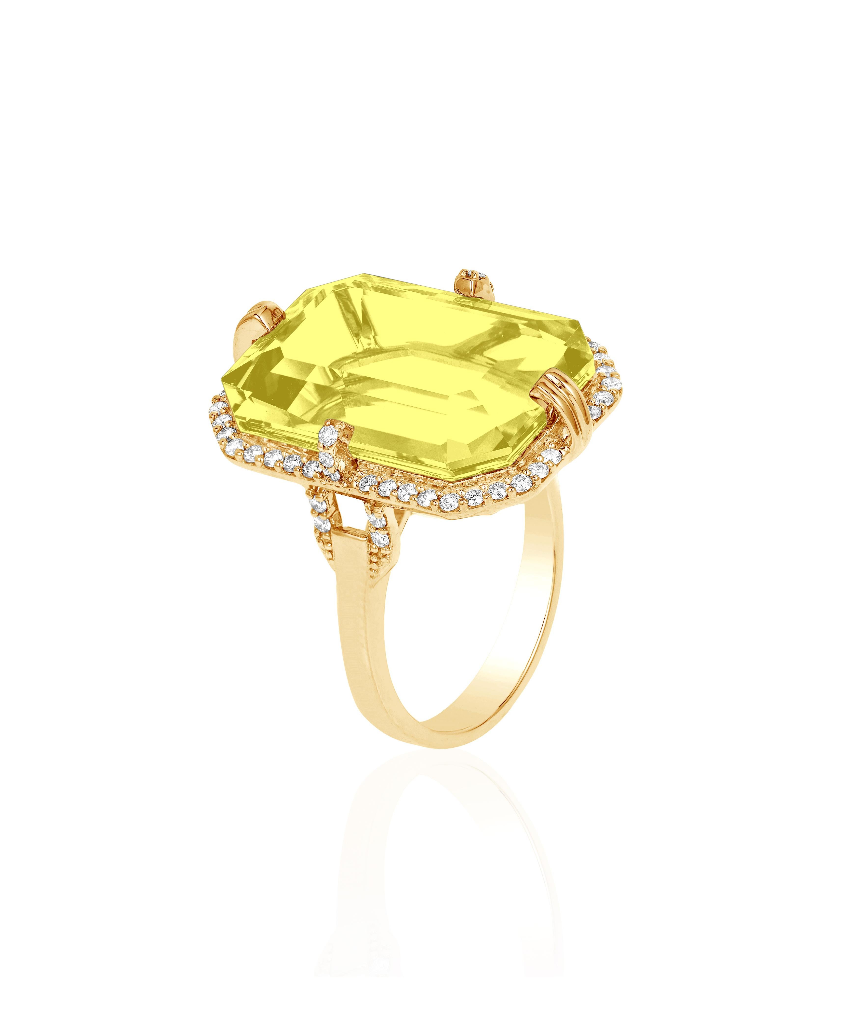 Lemon Quartz Emerald Cut Ring with Diamonds in 18K Yellow Gold. from 'Gossip' Collection
Gemstone Approx. Wt: Quartz- 17.61 Carats
Diamond: G-H / VS, Approx. Wt: 0.41 Carats 
