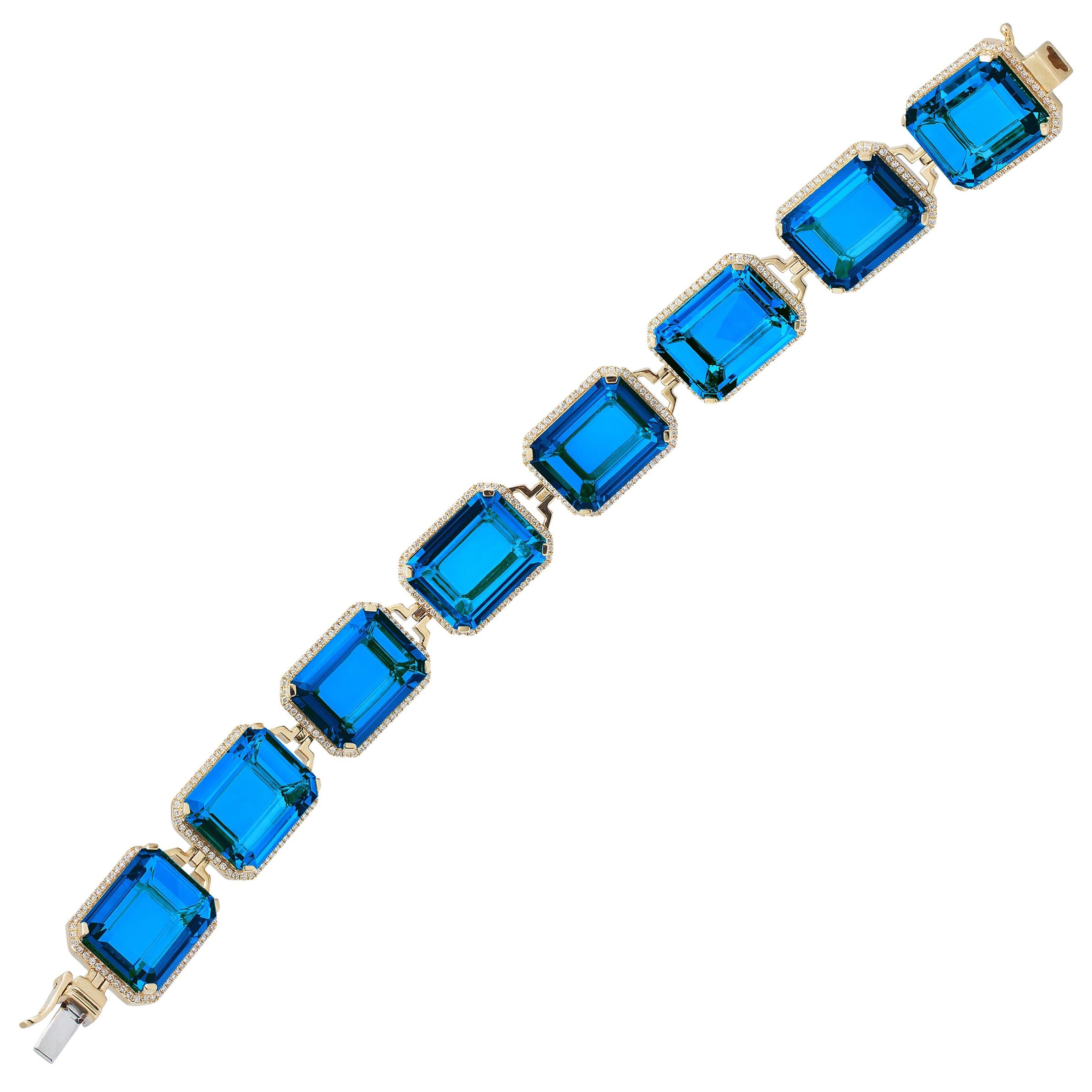 Goshwara Emerald Cut London Blue Topaz and Diamond Bracelet For Sale