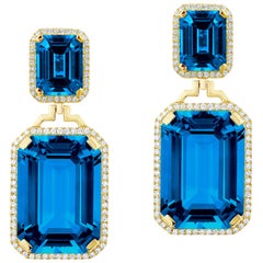 Emerald Cut London Blue Topaz and Diamond Earrings