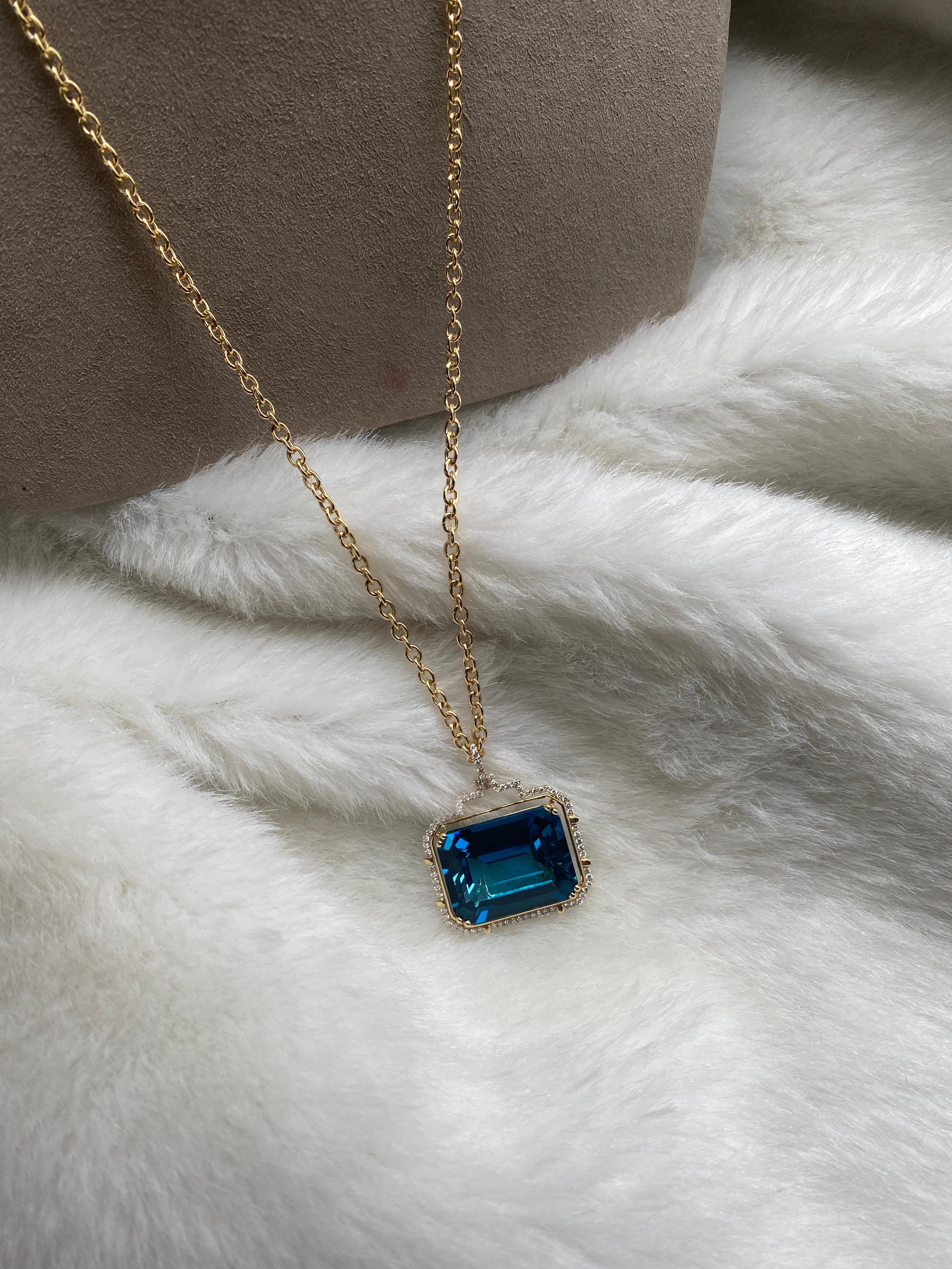 Contemporary Goshwara Emerald Cut London Blue Topaz and Diamond Pendant For Sale