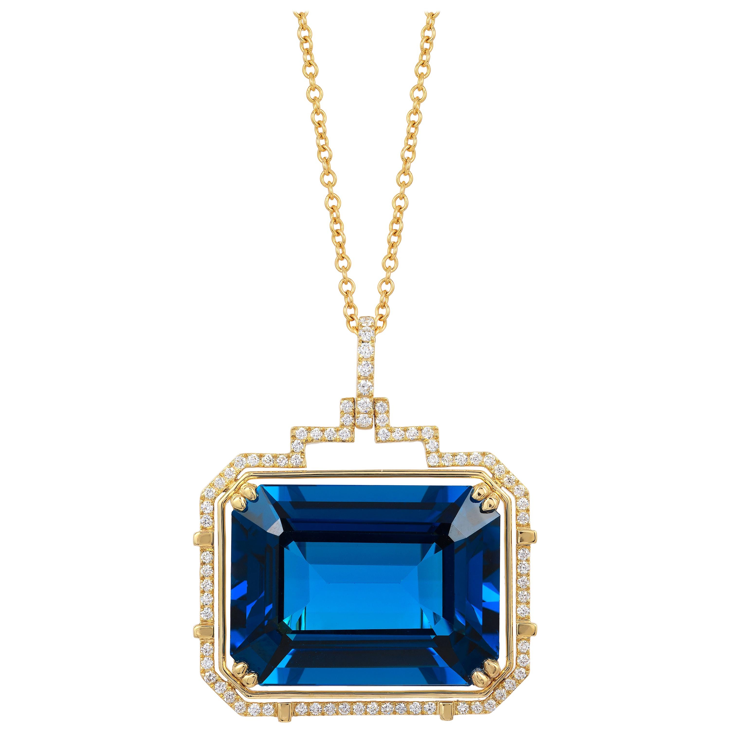 Goshwara Emerald Cut London Blue Topaz and Diamond Pendant For Sale