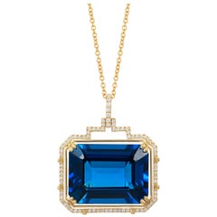 Goshwara Emerald Cut London Blue Topaz and Diamond Pendant