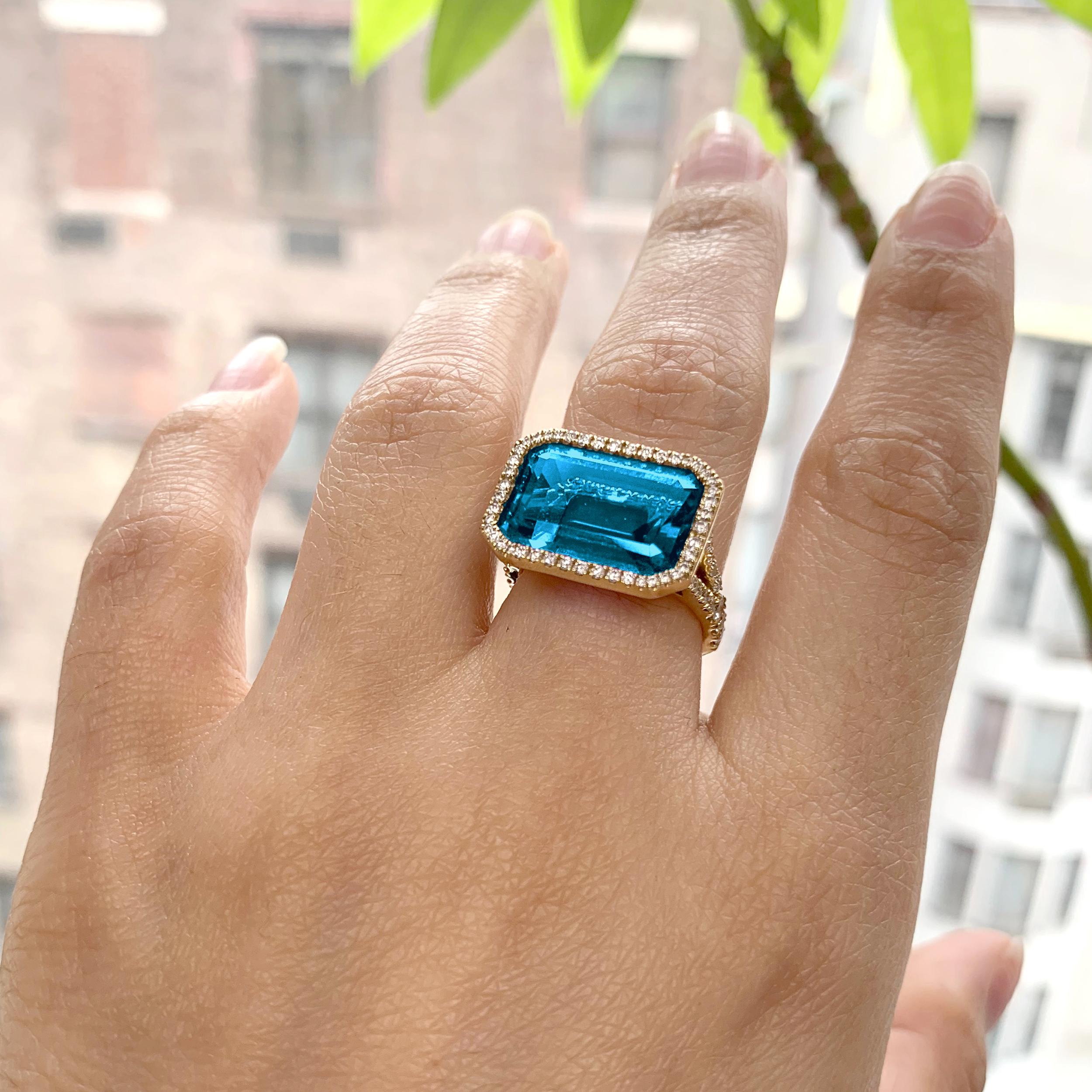 London Blue Topaz  East-West Emerald Cut Ring with Diamonds in 18K, from 'Gossip' Collection

Stone Size: 10 x 15 mm 

Diamonds: G-H / VS, Approx Wt: 0.73 Cts
