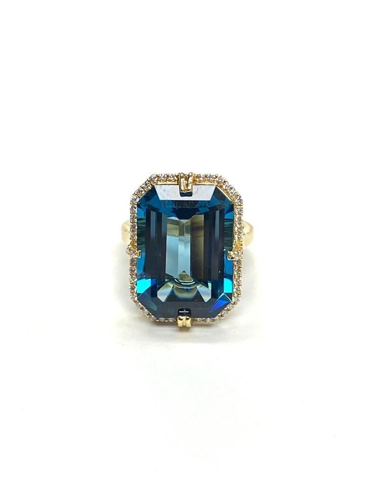 Women's Goshwara Emerald Cut London Blue Topaz and Diamond Ring For Sale