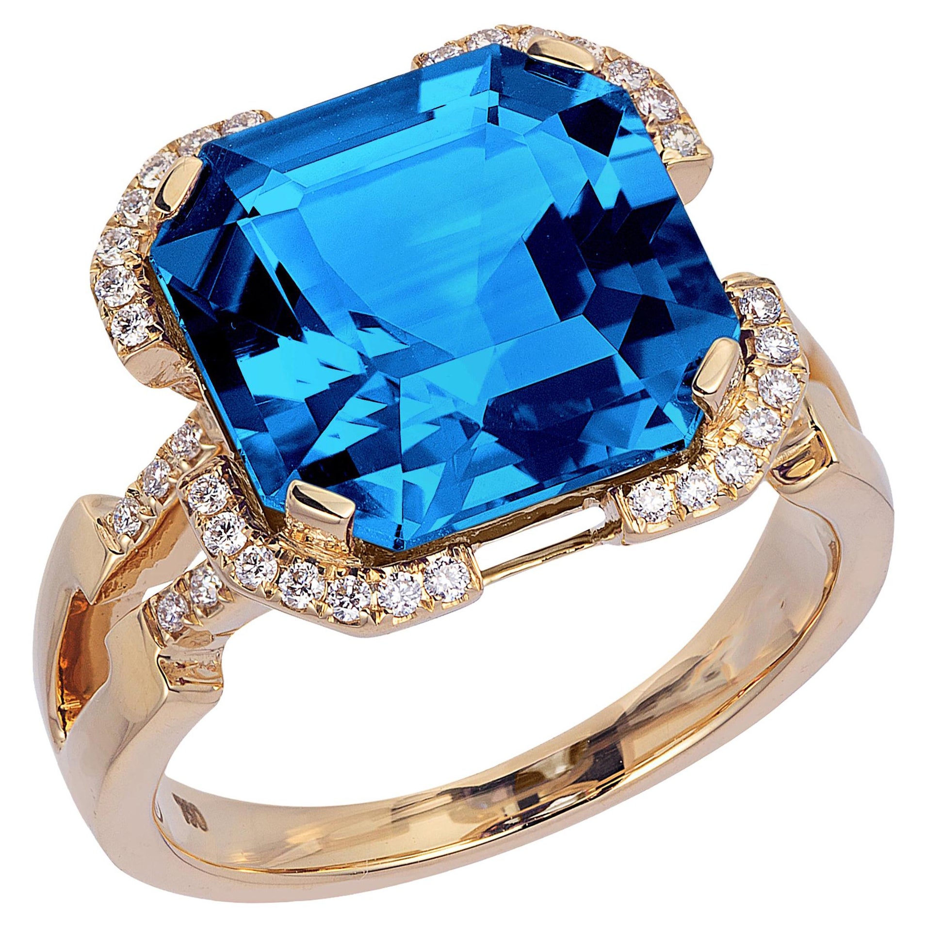 Anello Goshwara con Topazio Blu di Londra taglio smeraldo e diamanti