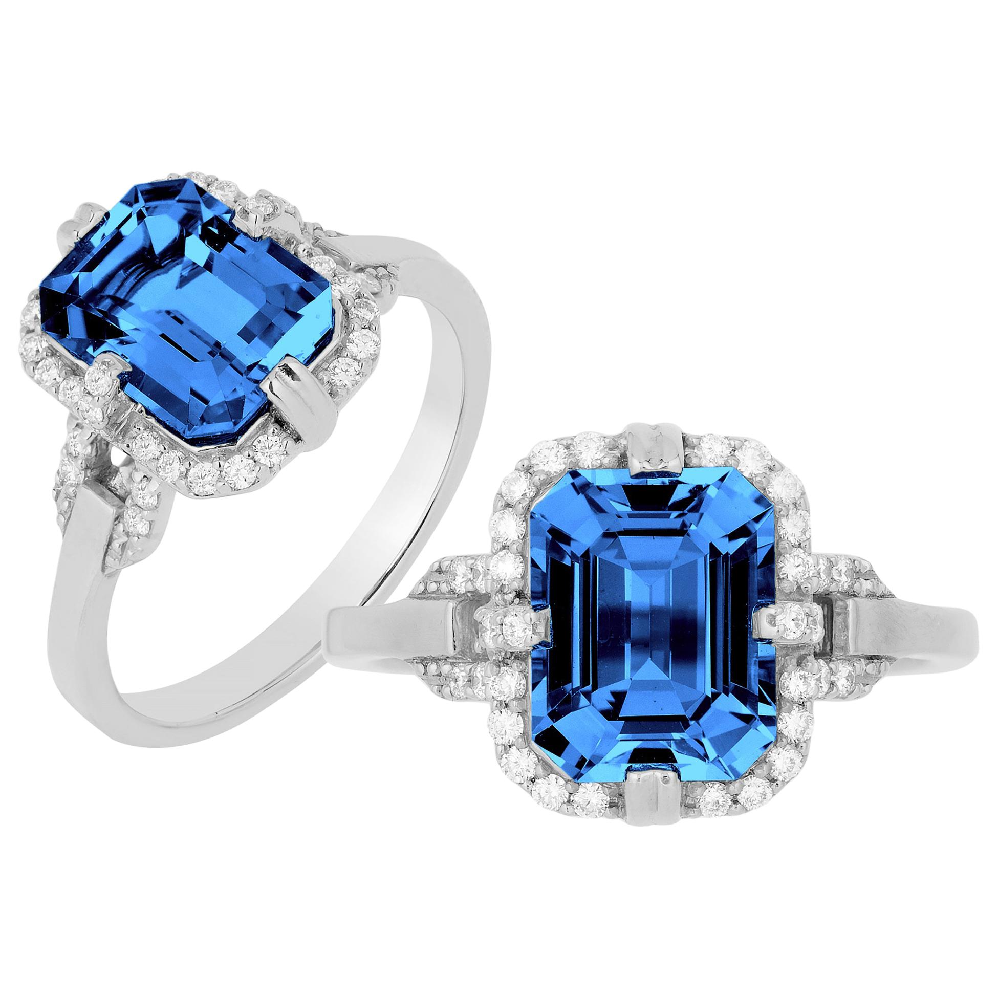 Goshwara Emerald Cut London Blue Topaz and Diamond Ring