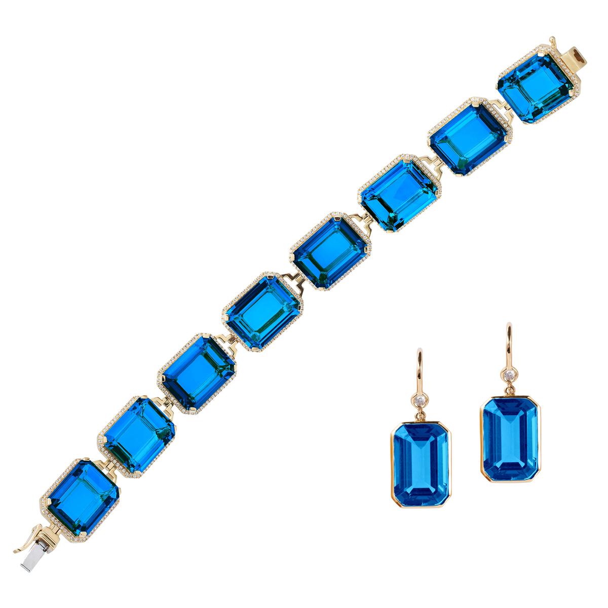 Goshwara Londoner blauer Topas im Smaragdschliff mit Diamantarmband und Ohrringen