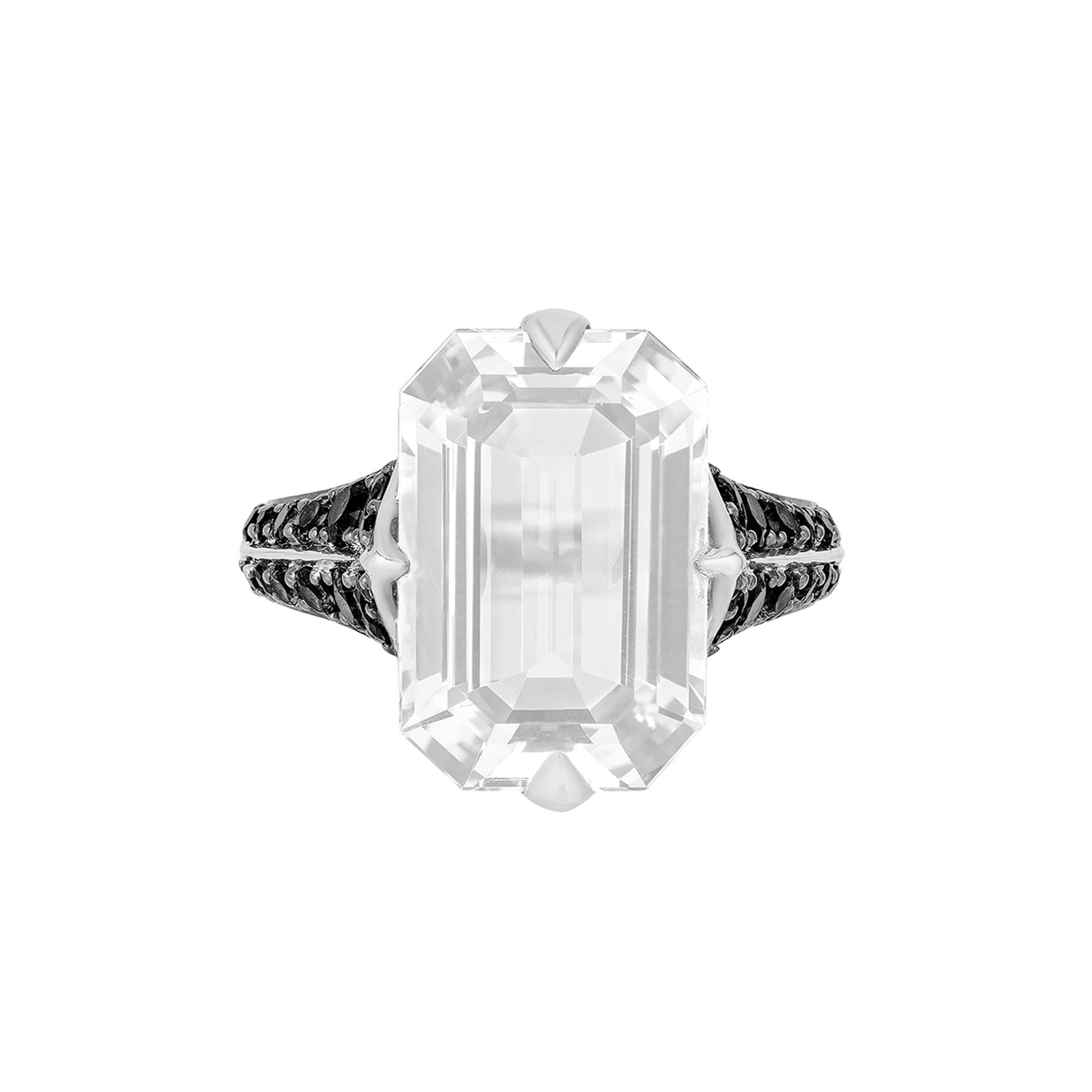 Contemporary Goshwara Emerald Cut Moon Quartz and Black Diamond Ring For Sale