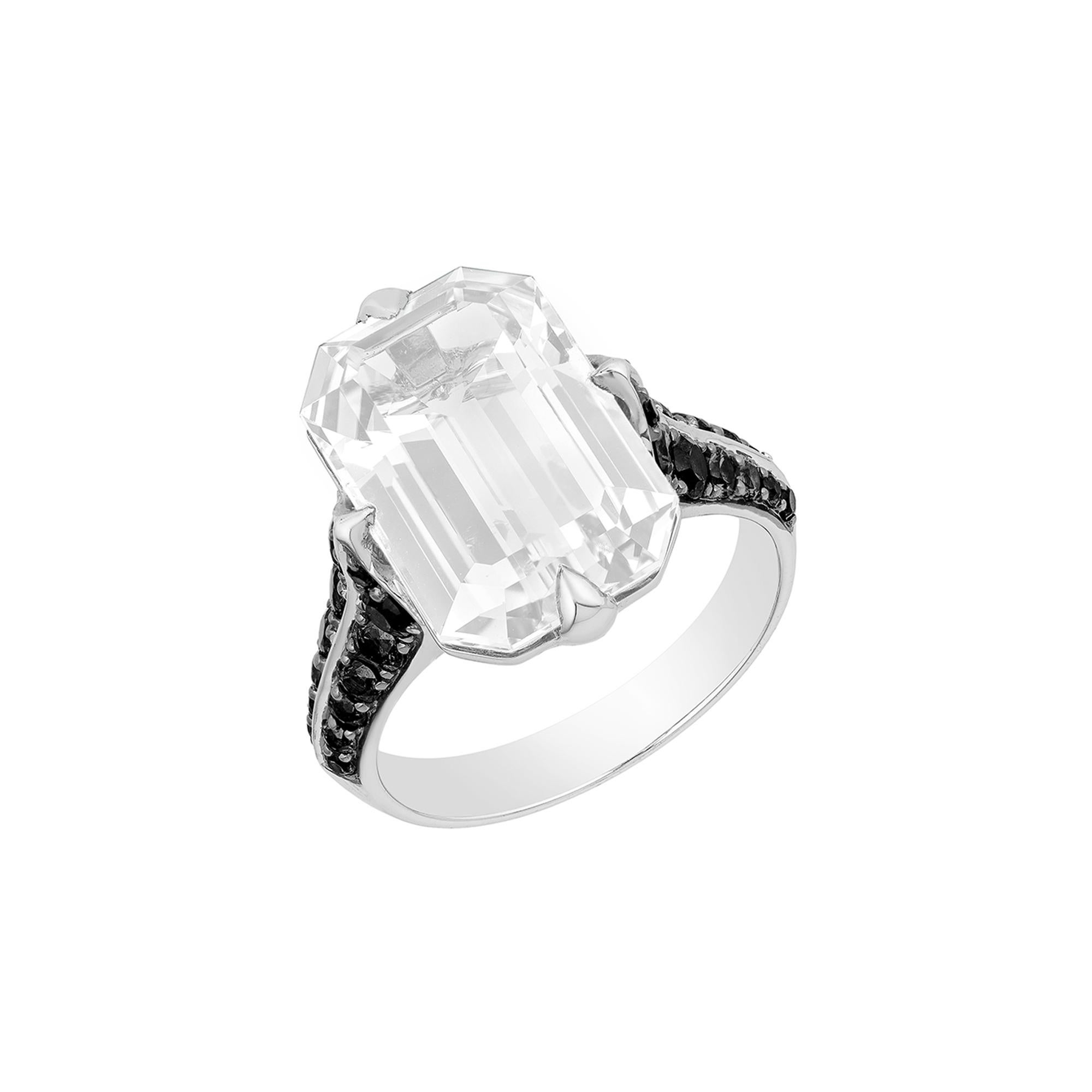 Goshwara Emerald Cut Moon Quartz and Black Diamond Ring In New Condition For Sale In New York, NY