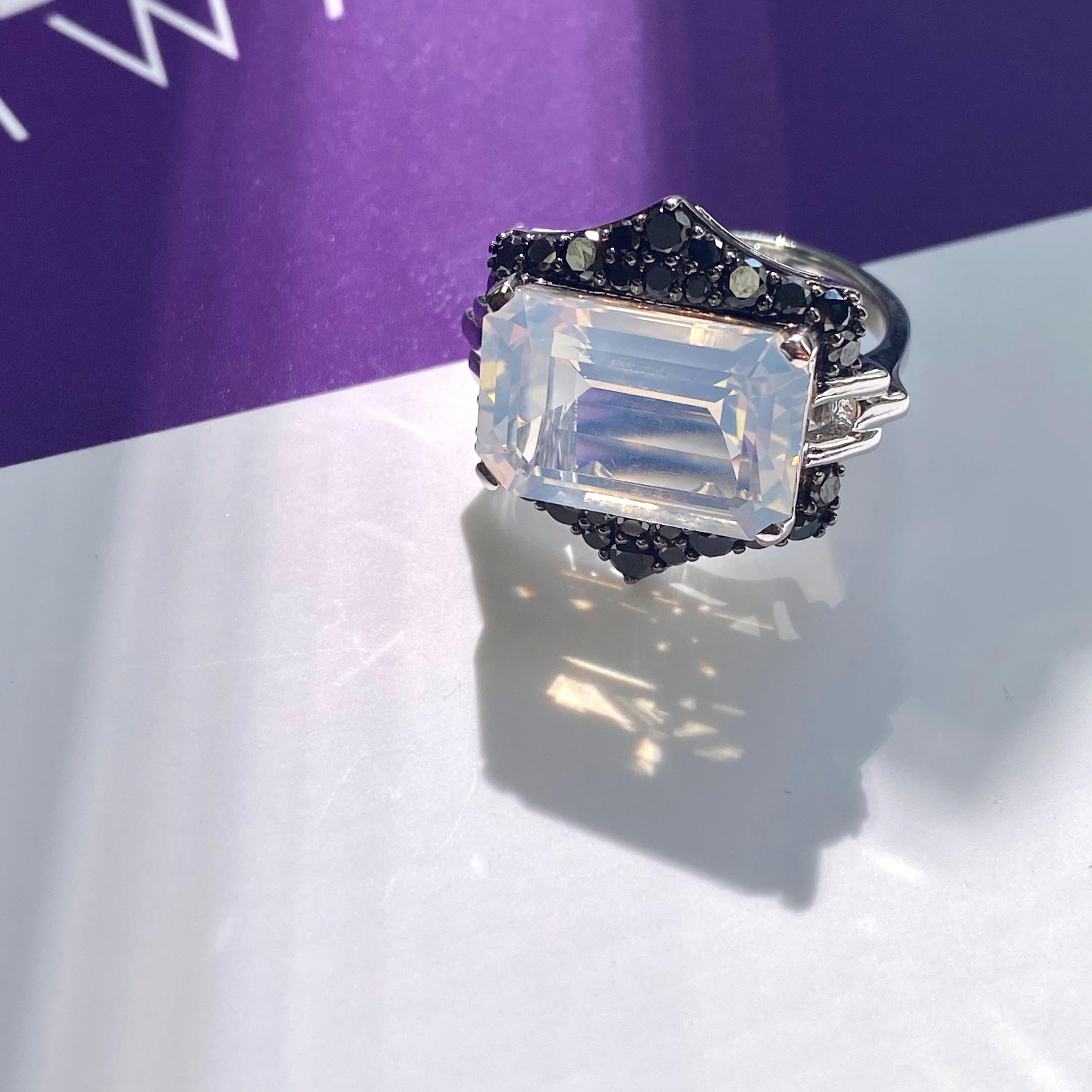 Goshwara Emerald Cut Moon Quartz And Black Diamond Ring In New Condition For Sale In New York, NY