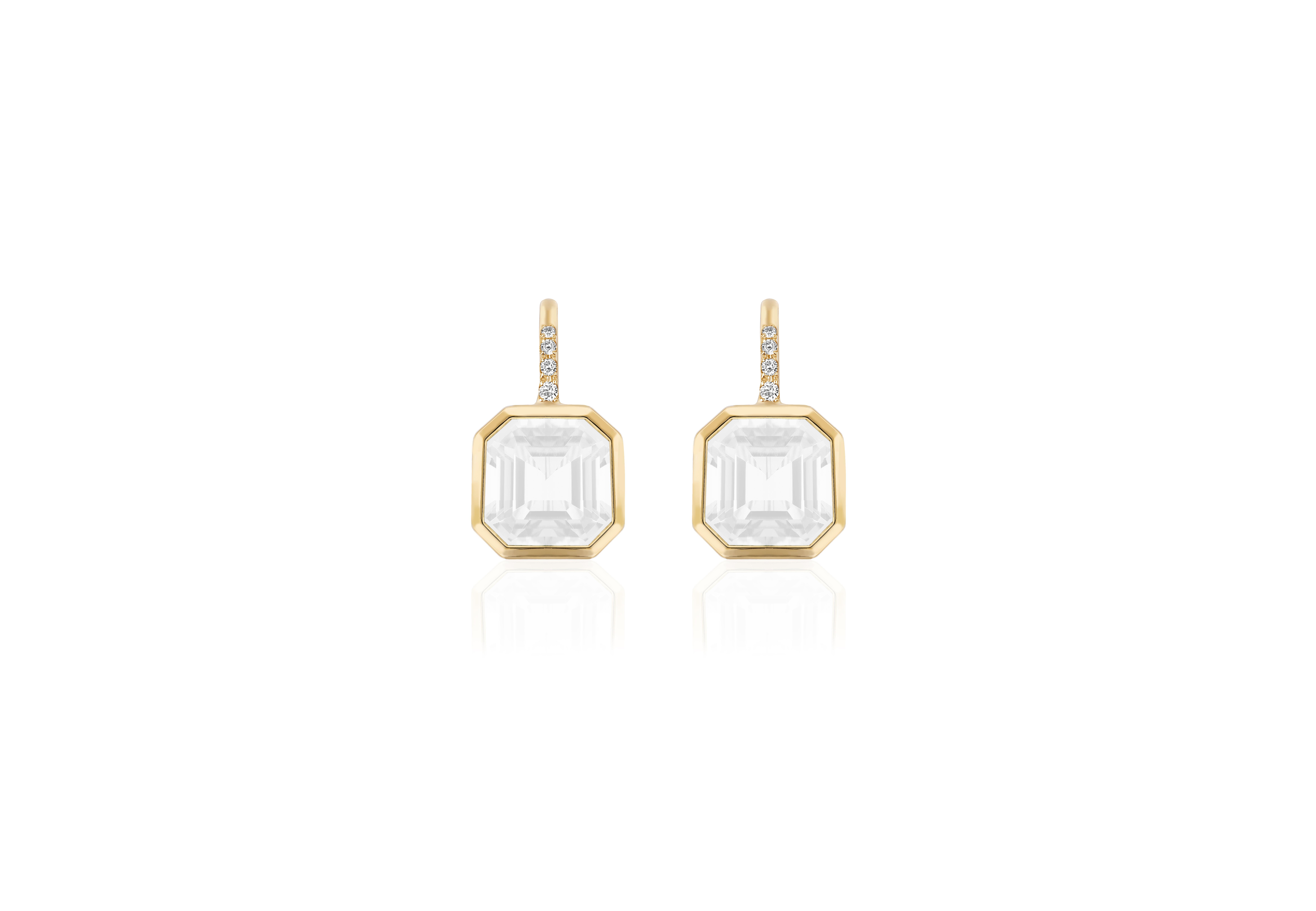 These beautiful earrings in a 9 x 9 mm Asscher cut, which is a  blend of the princess and emerald cuts with X-shaped facets from its corners to its center culet, are made in Moon Quartz which is from the Quartz family. They are set on wire with 4