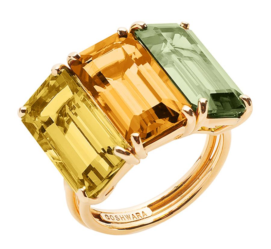 Three Stone Emerald Cut, Lemon Quartz, Citrine and Prasiolite Ring in 18K Yellow Gold from 'Gossip' Collection

Stone Size: 13 x 7 mm (Each)

Gemstone Approx. Wt: Lemon Quartz- 3.54 Carats 
                                       Prasiolite- 3.80