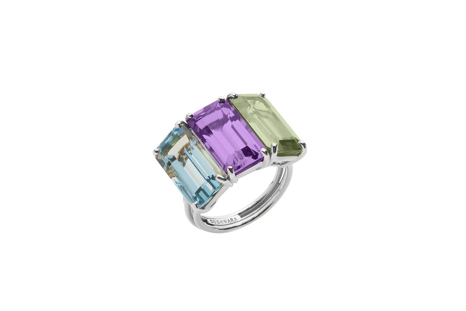 Three stone Emerald Cut, Blue Topaz, Amethyst and Prasiolite Ring in 18K White Gold from 'Gossip' Collection

 Stone Size: 13 x 7 mm

Gemstone Approx. Wt. Blue Topaz- 5.10 Carats
                                      Prasiollite- 3.37 Carats 
      