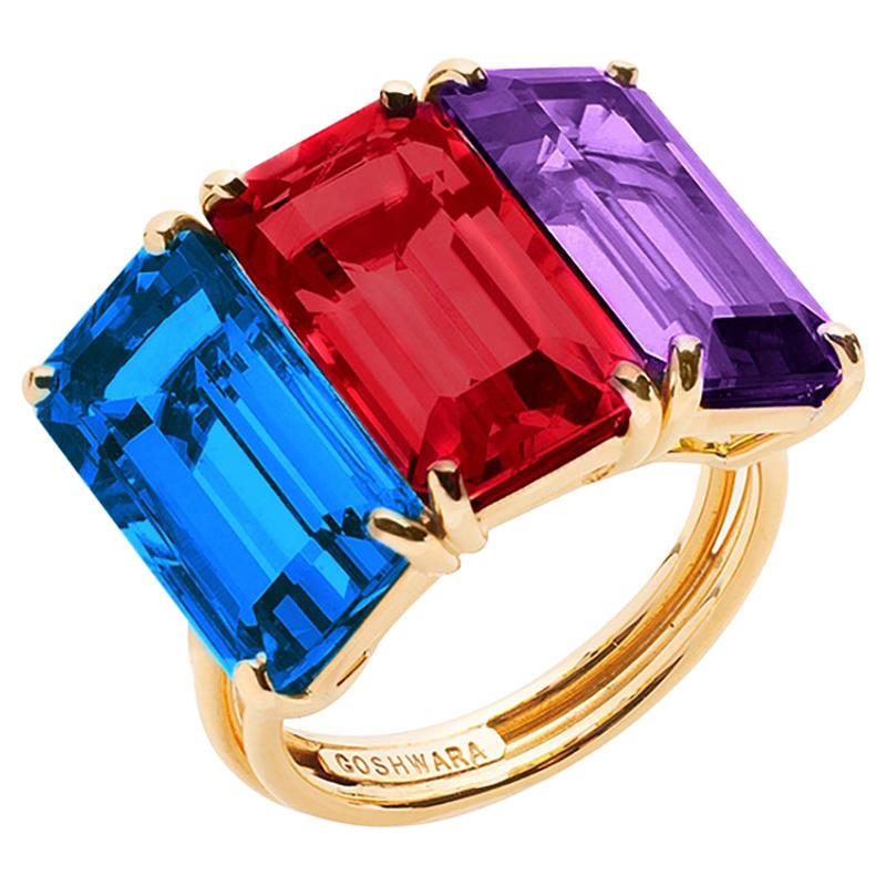 Mehrfarbiger 3-Stein-Ring mitshwara-Smaragdschliff im Angebot