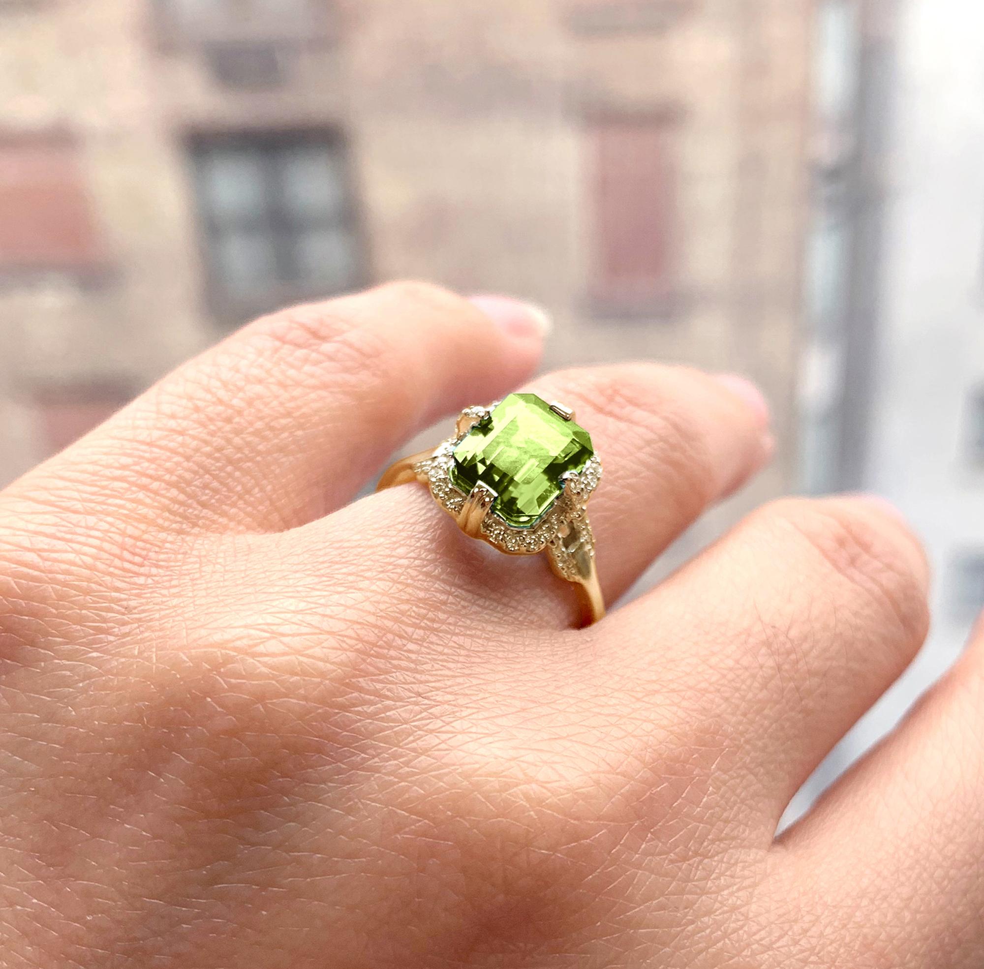 Peridot Emerald Cut Ring in 18K Yellow Gold with Diamonds, from 'Gossip' Collection. Like any good piece of gossip, this collection carries a hint of shock value. They will have everyone in suspense about what Goshwara will do next.

* Gemstone