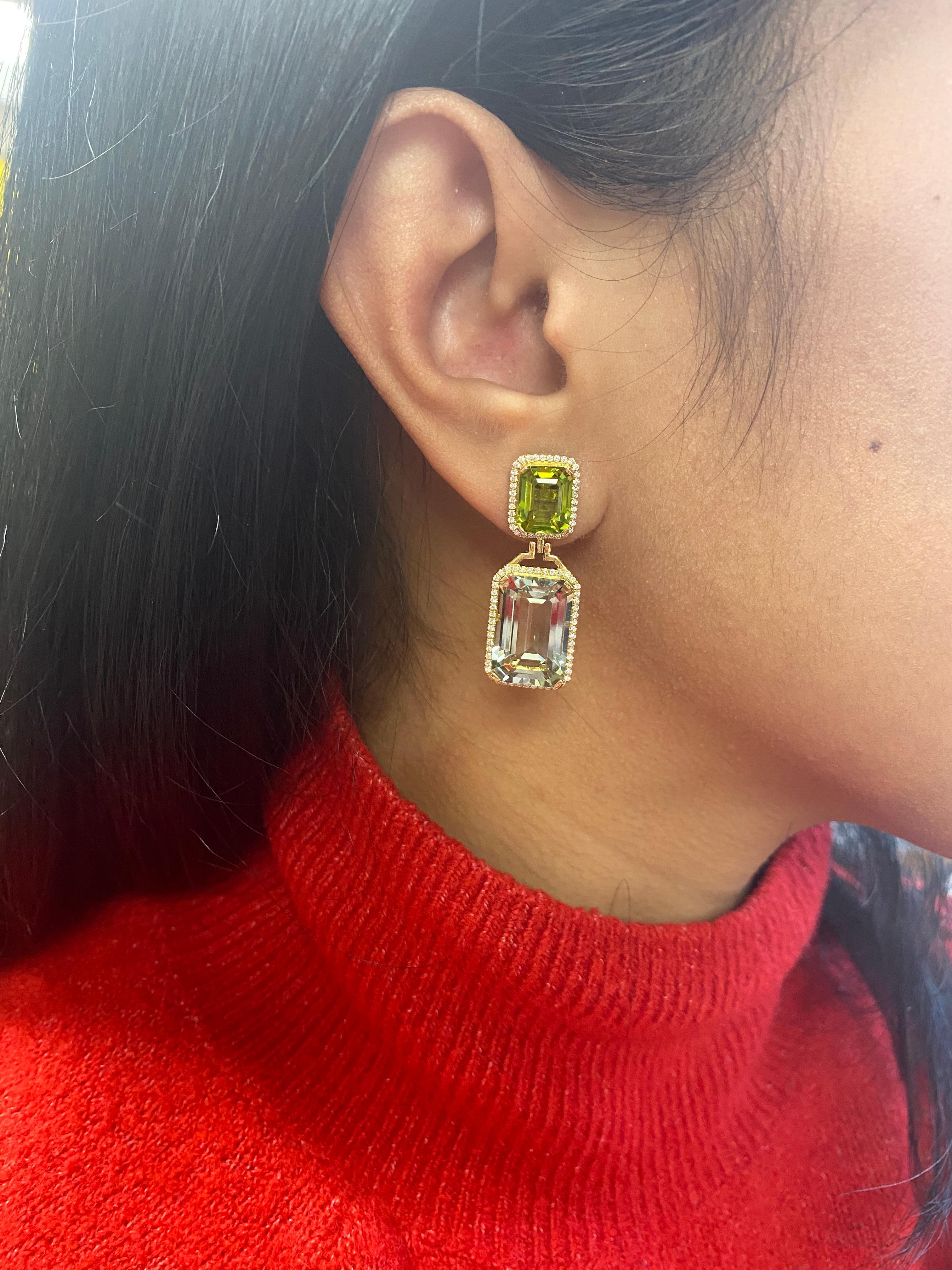 Goshwara Emerald Cut Prasiolite & Peridot With Diamond Earrings For Sale 2