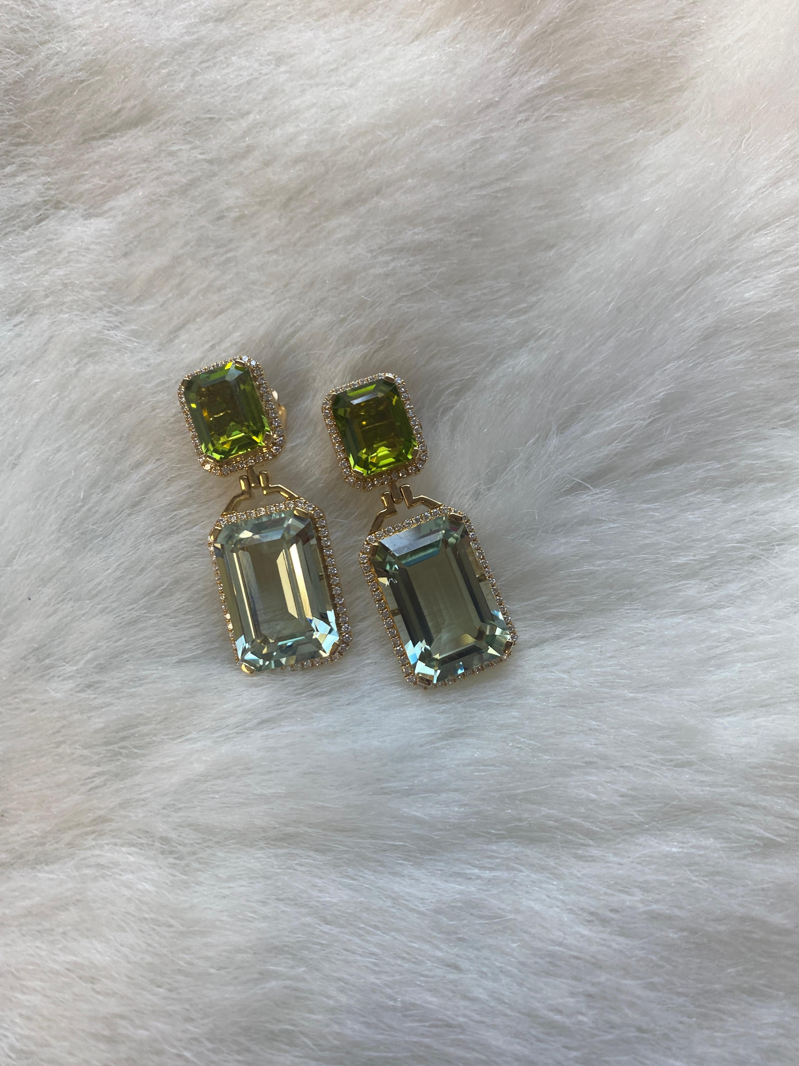 Goshwara Emerald Cut Prasiolite & Peridot With Diamond Earrings For Sale 1