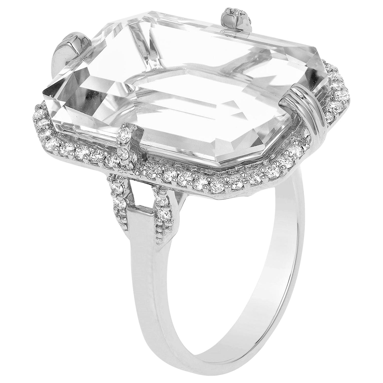 Goshwara Emerald Cut Rock Crystal and Diamond Ring