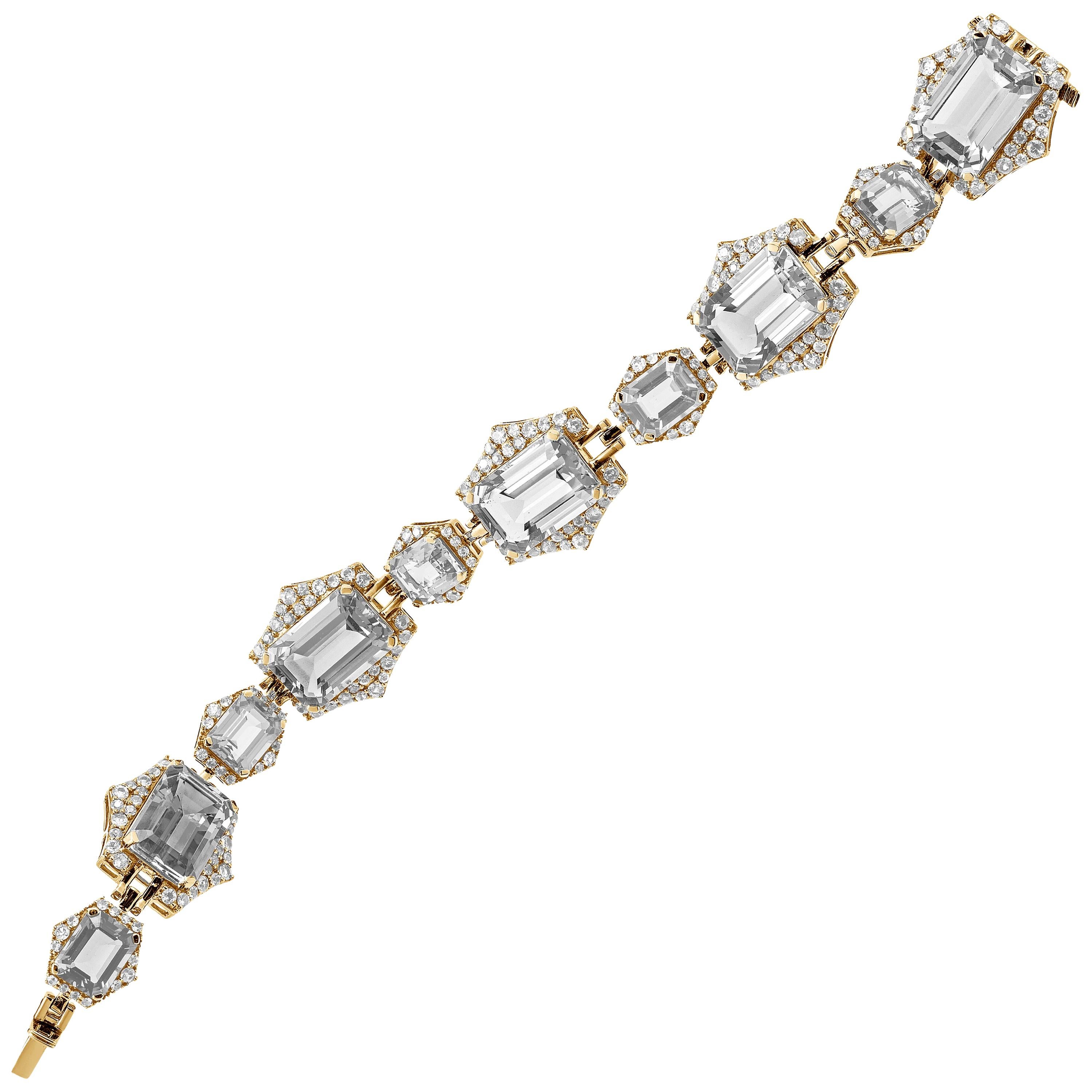 Goshwara Emerald Cut Rock Crystal with Diamonds Bracelet For Sale