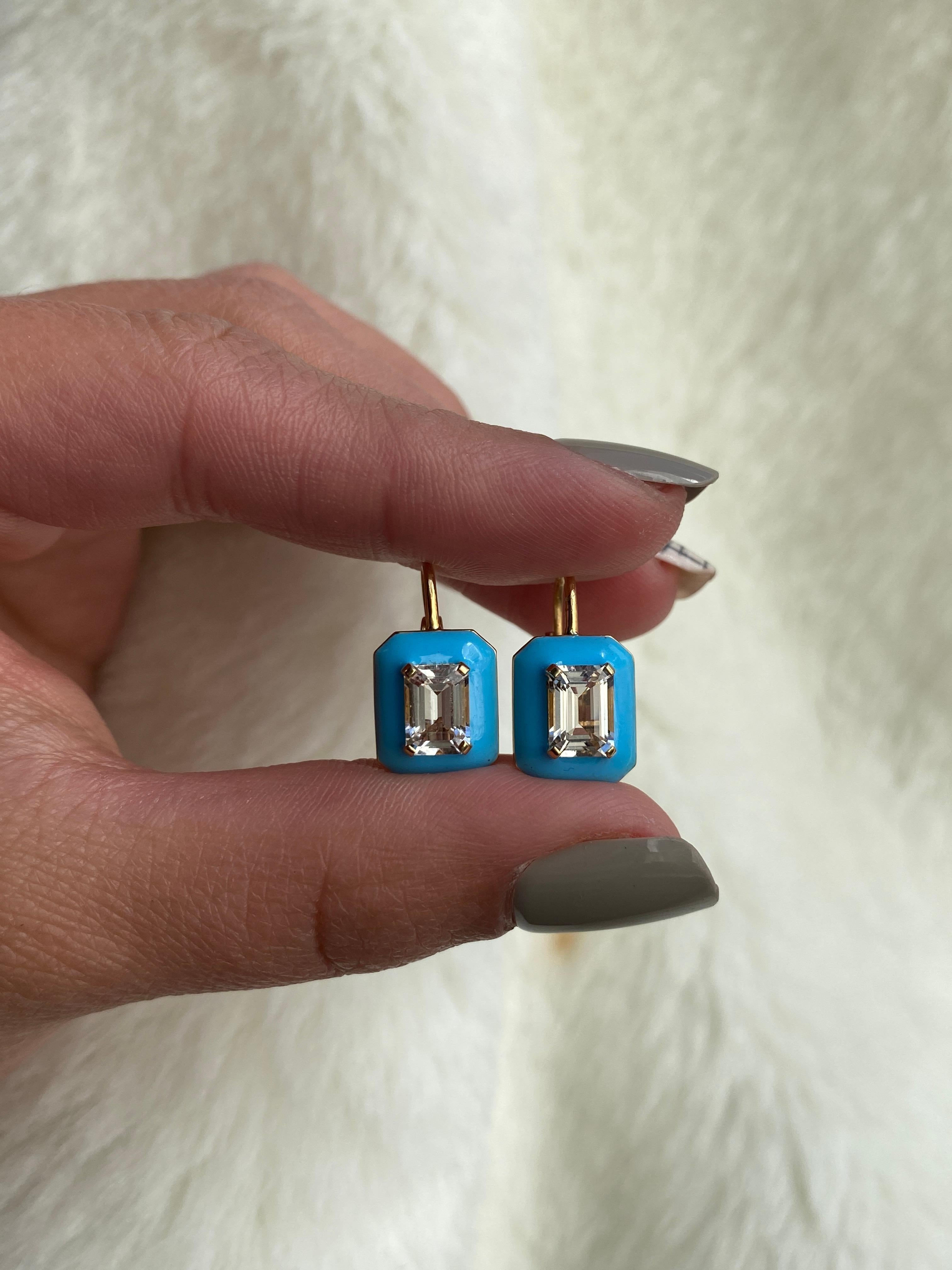 Goshwara Rock Crystal Emerald Cut with Turquoise Enamel and Lever Back Earrings In New Condition For Sale In New York, NY