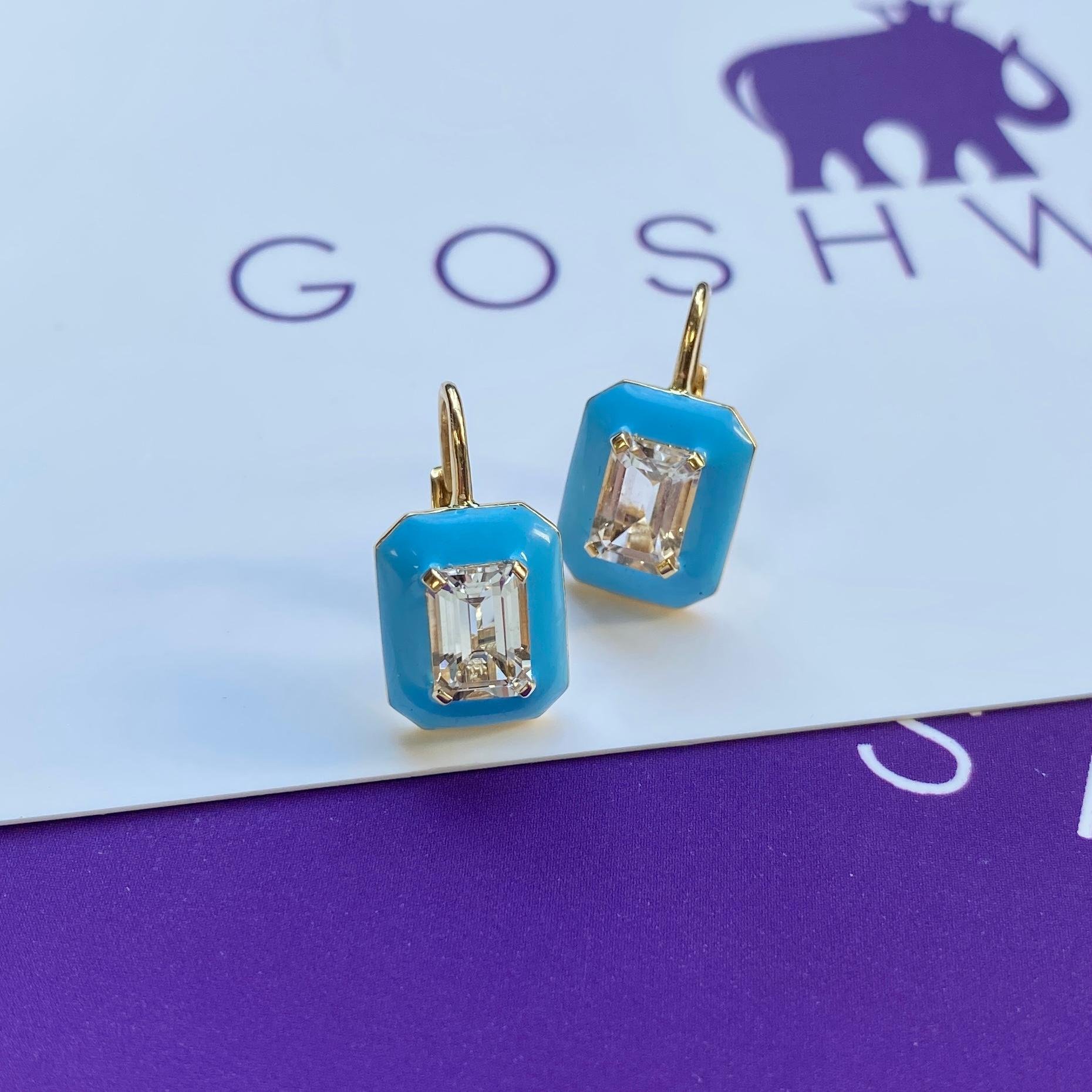 Women's Goshwara Rock Crystal Emerald Cut with Turquoise Enamel and Lever Back Earrings For Sale