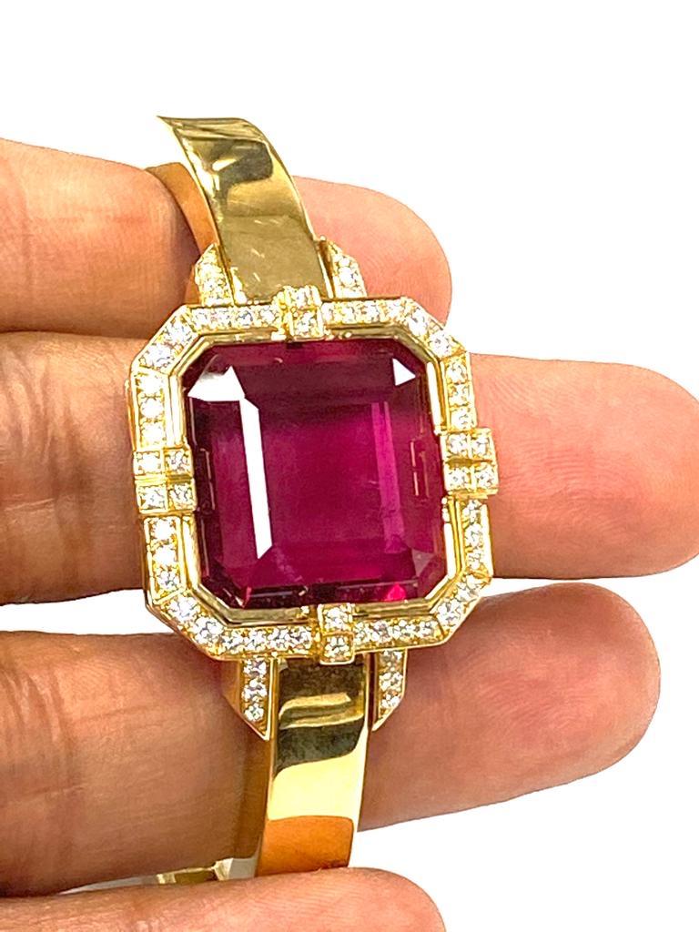 Goshwara Emerald Cut Rubelite And Diamond Cuff For Sale 7