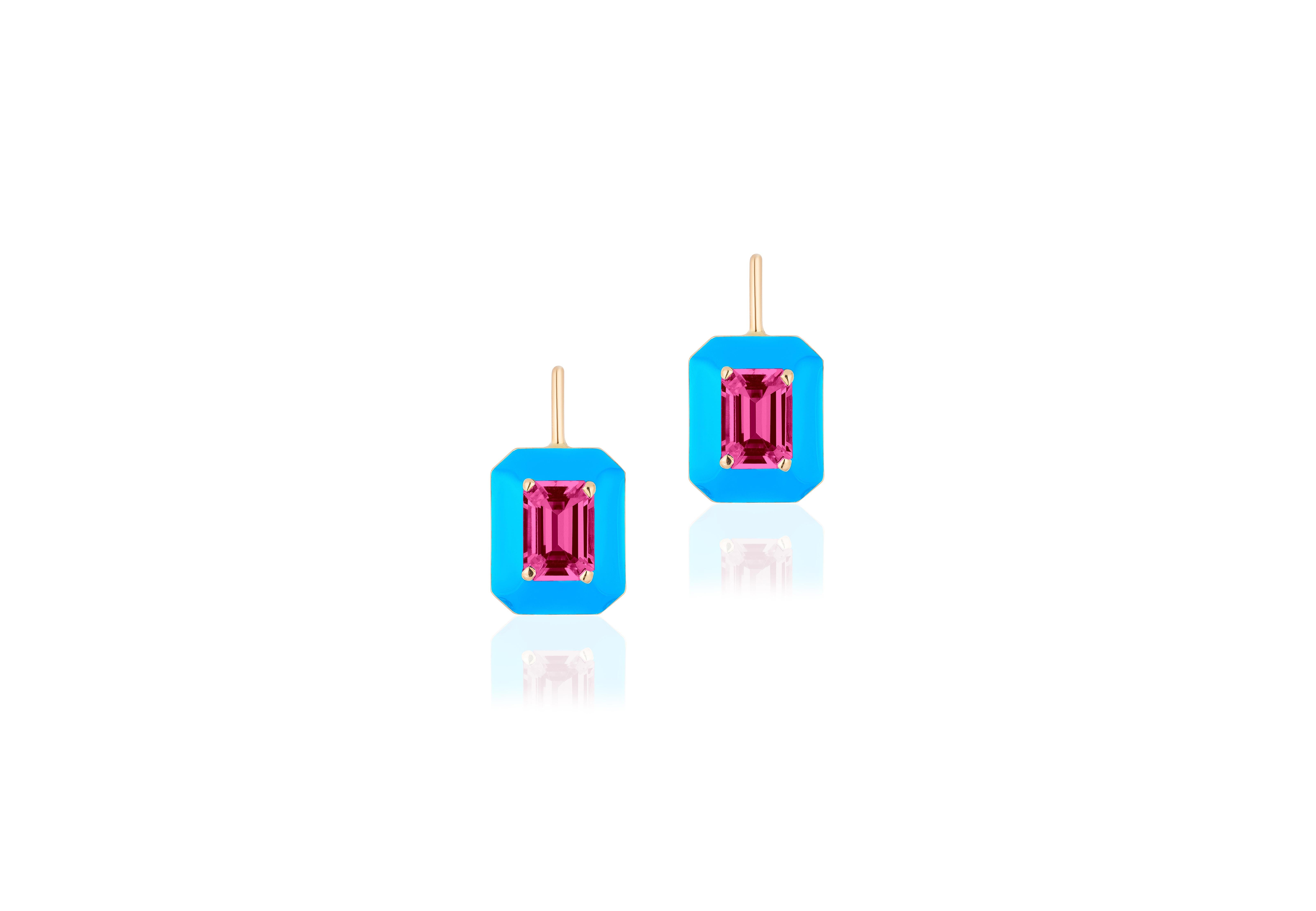These unique earrings are a Rubelite Emerald Cut, with Turquoise Enamel border and Lever back. From our ‘Queen’ Collection, it was inspired by royalty, but with a modern twist. The combination of enamel, and Rubelite represents power, richness and