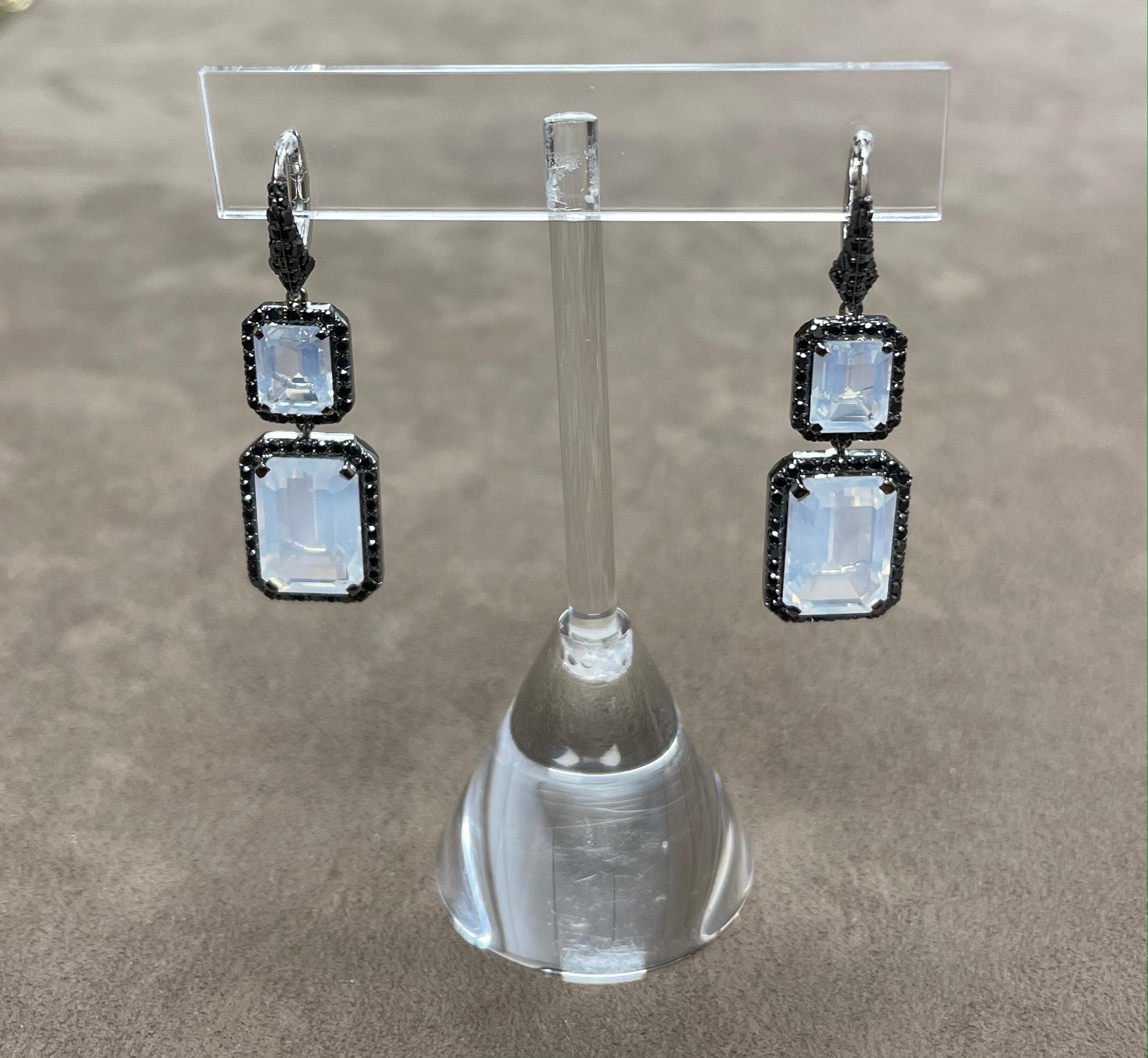 Contemporary Goshwara Emerald Moon Quartz With Black Diamond Earrings For Sale