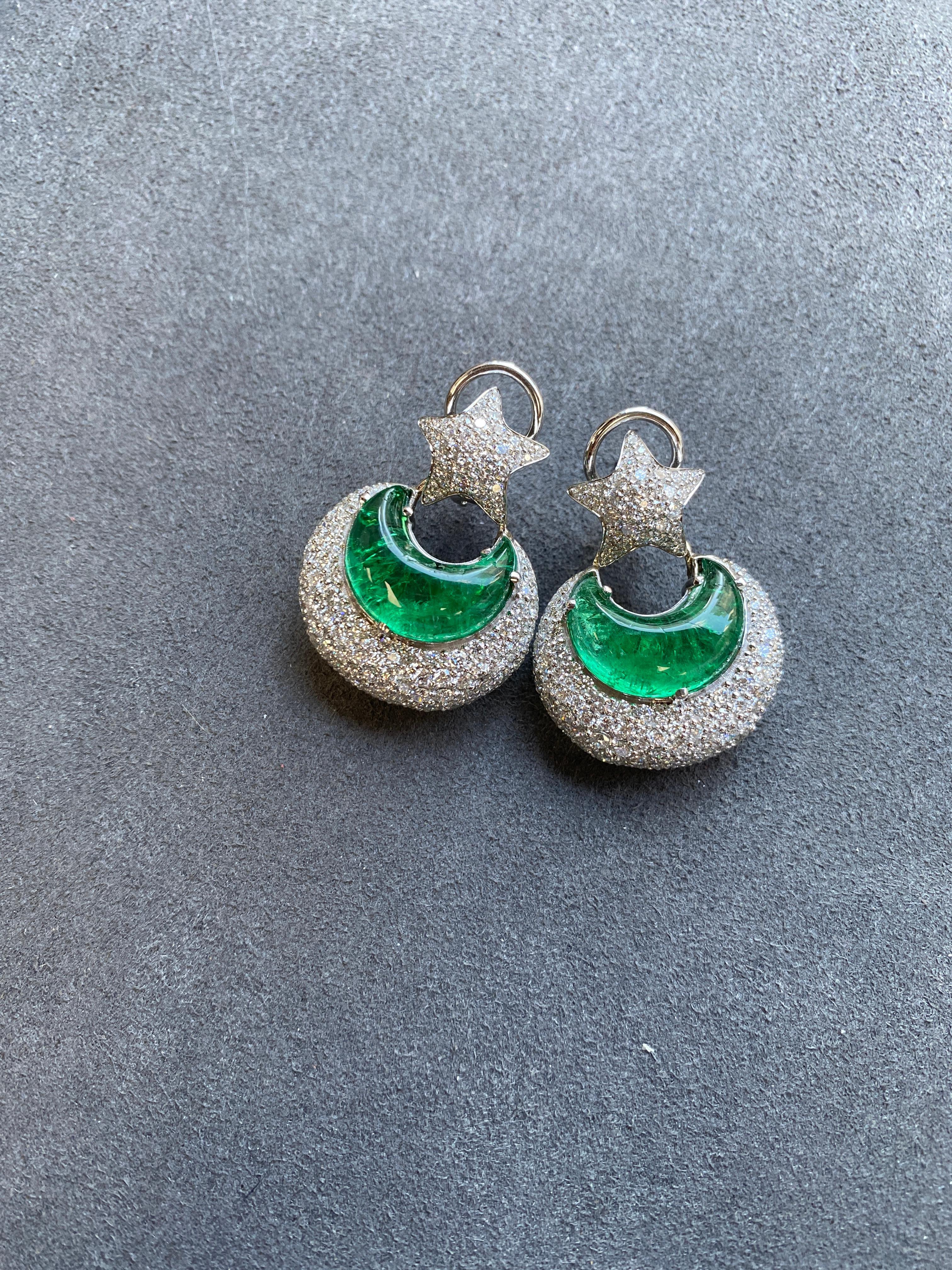 Contemporary Goshwara Emerald Moon Shape and Diamond Earrings For Sale