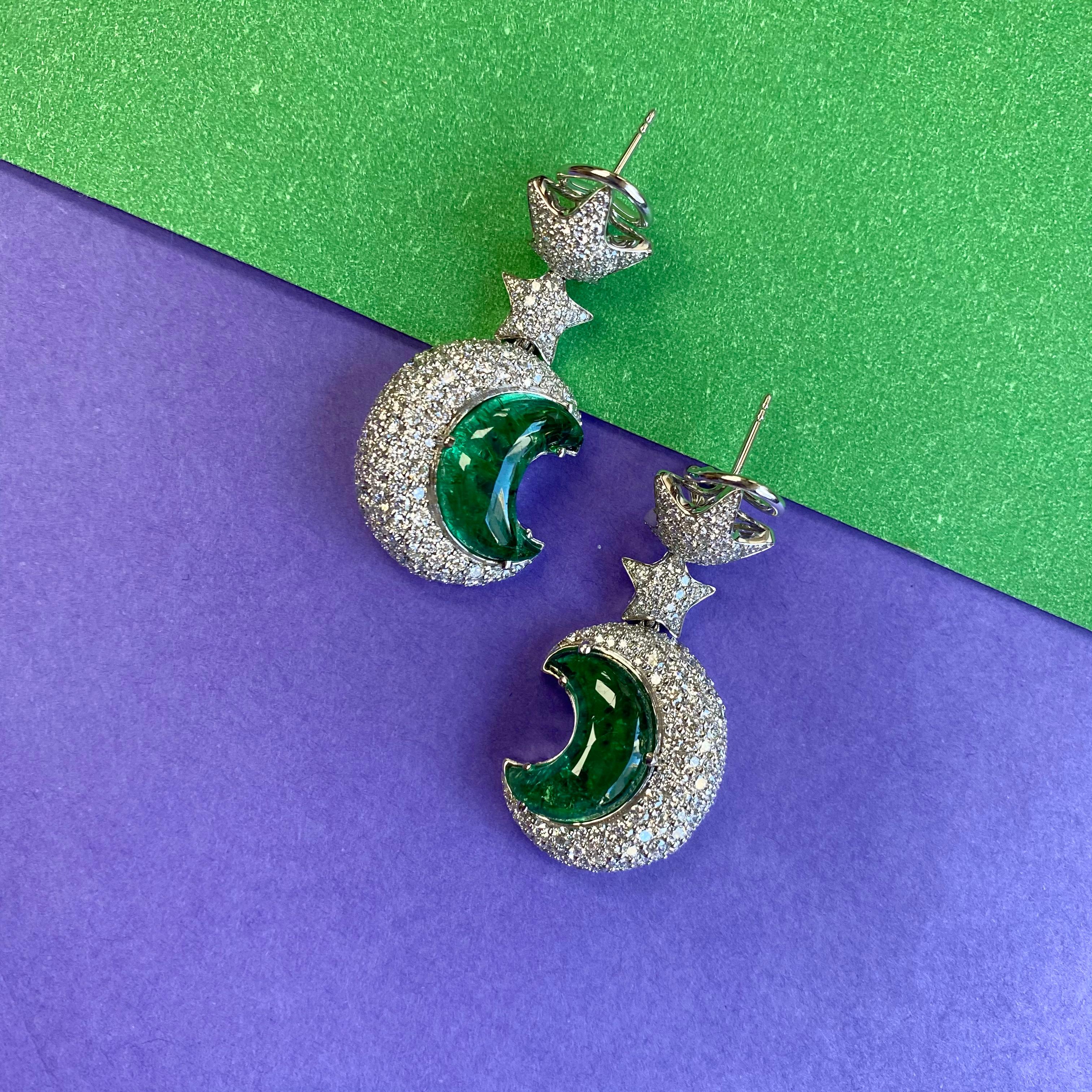 Half Moon Cut Goshwara Emerald Moon Shape and Diamond Earrings For Sale