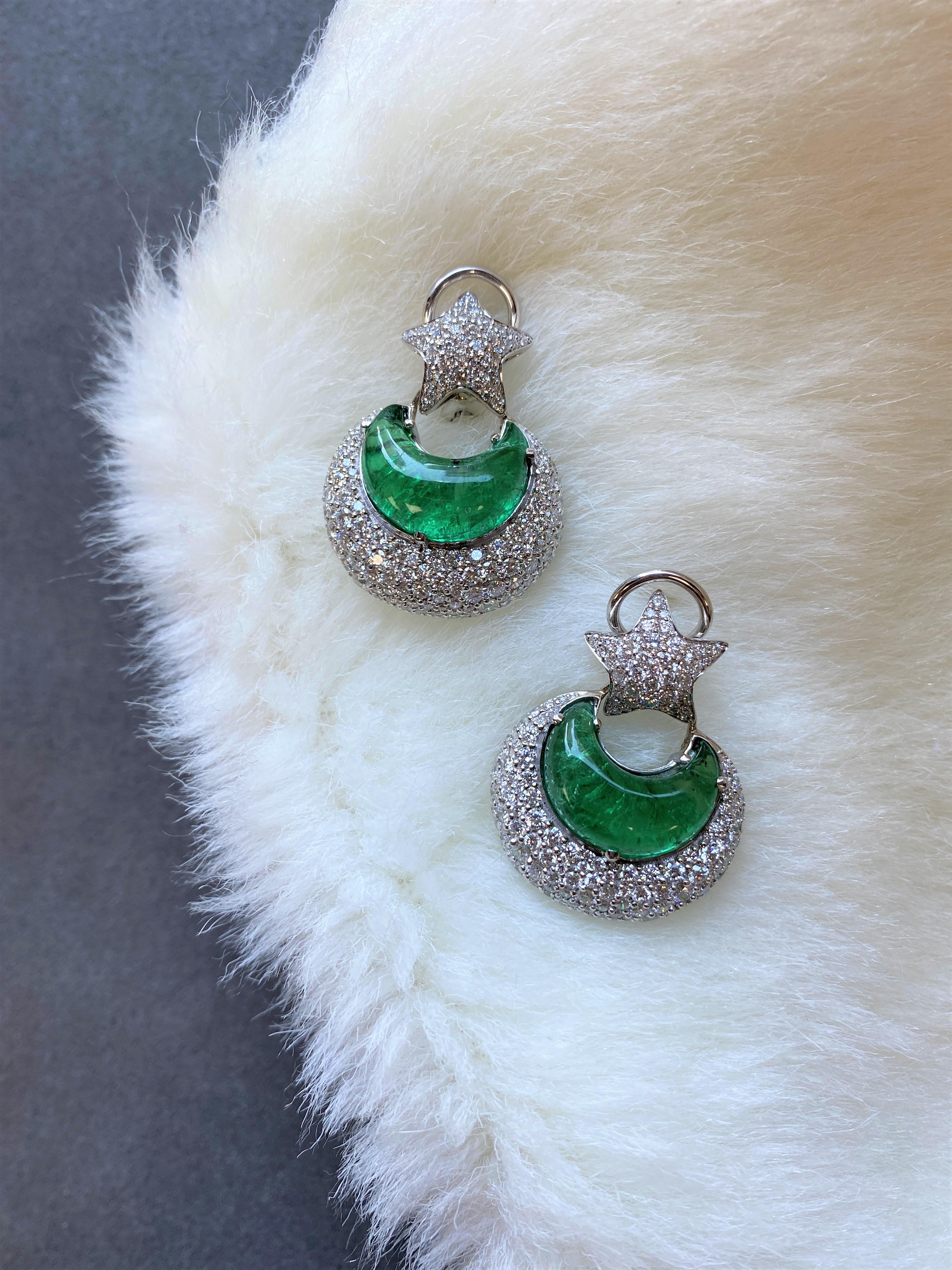 Women's Goshwara Emerald Moon Shape and Diamond Earrings For Sale