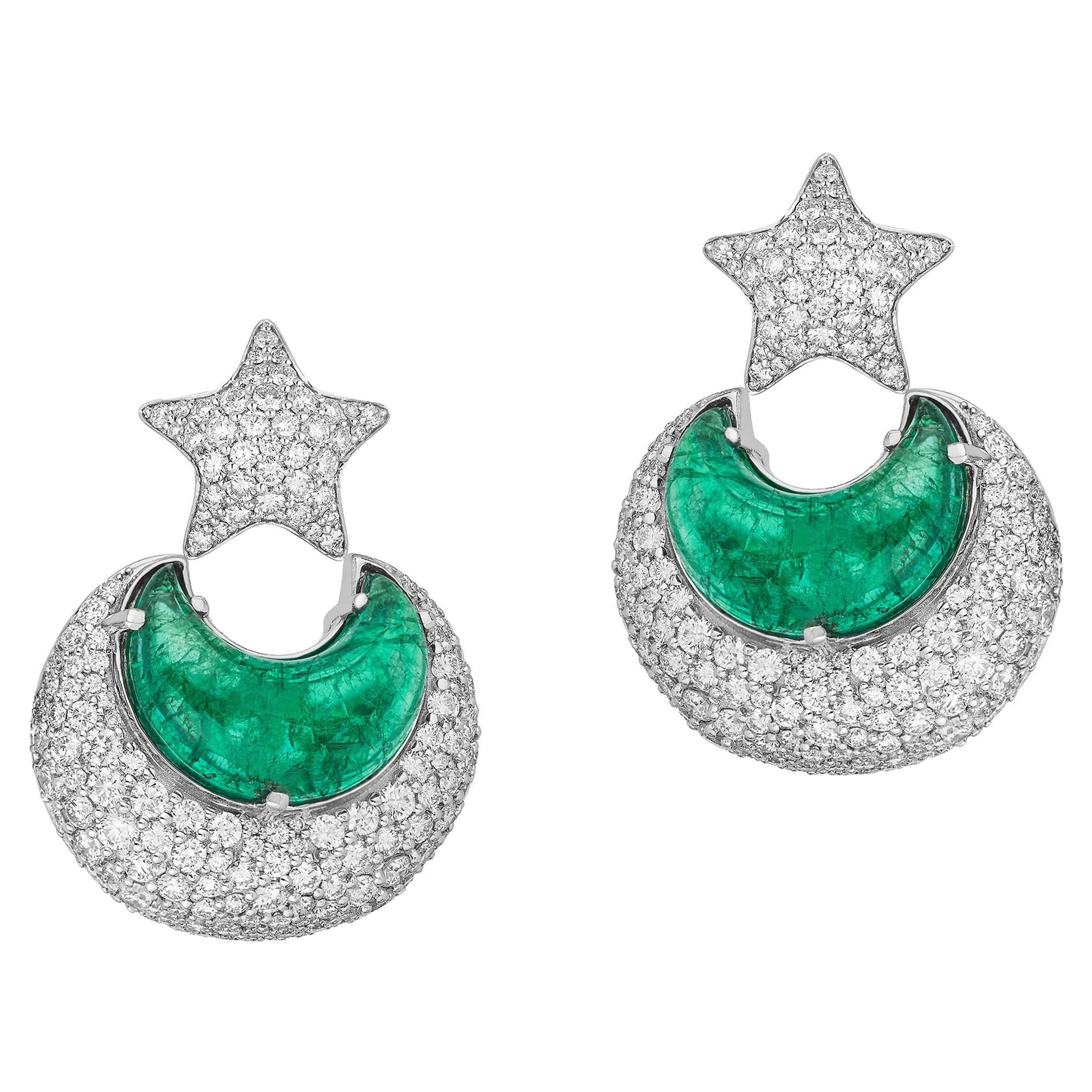 Goshwara Emerald Moon Shape and Diamond Earrings For Sale