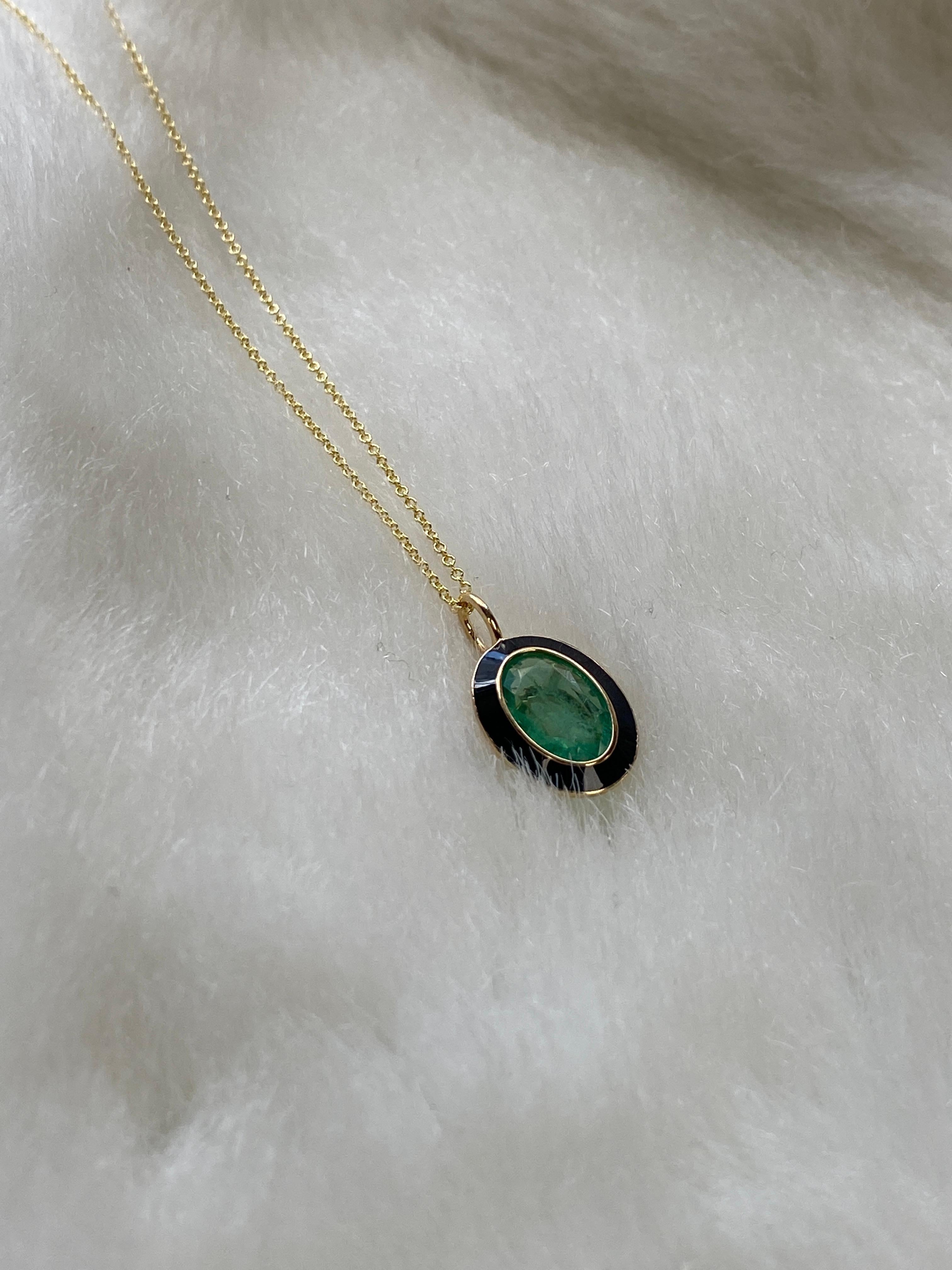 Contemporary Goshwara Emerald Oval with Black Enamel Pendant  For Sale