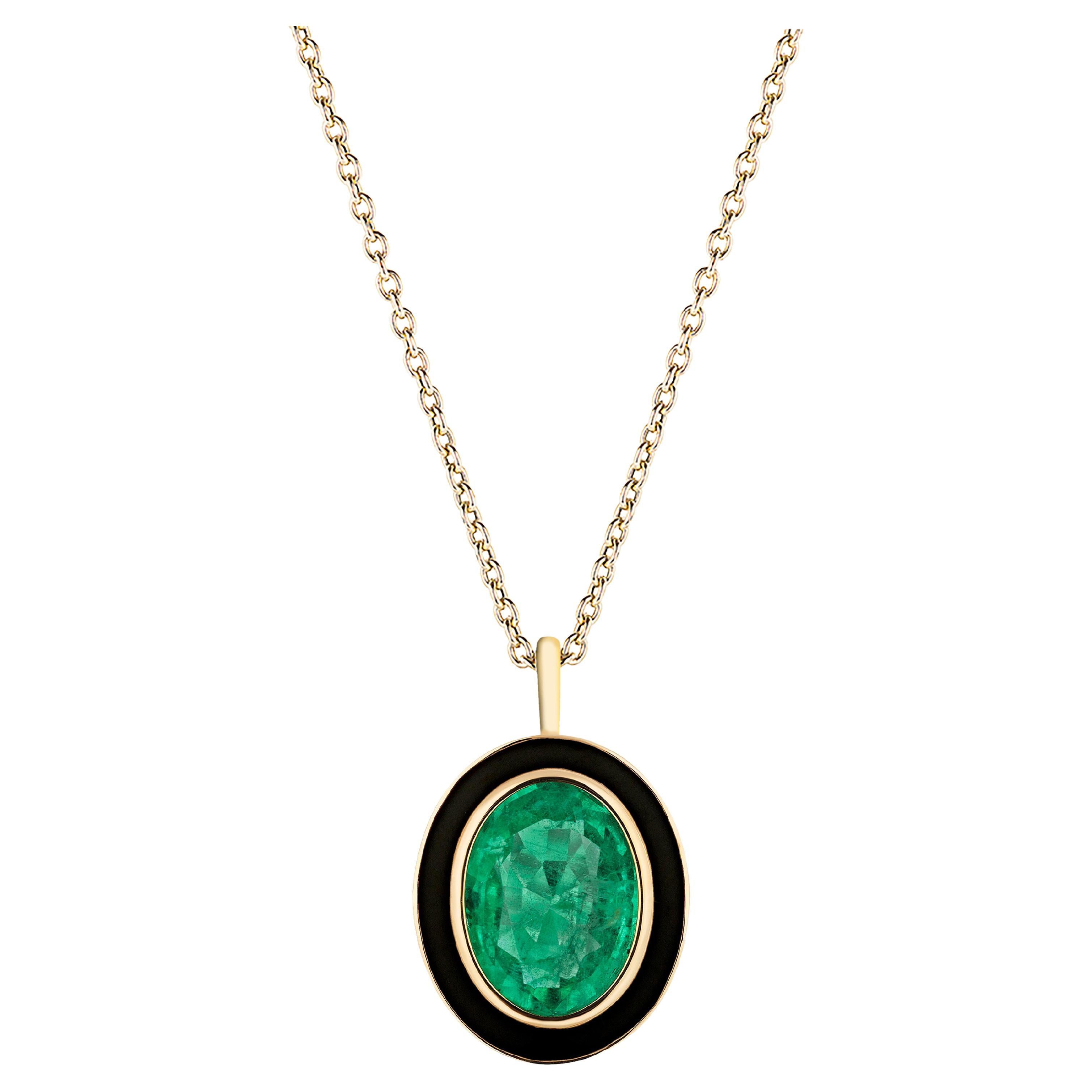 Goshwara Emerald Oval with Black Enamel Pendant  For Sale