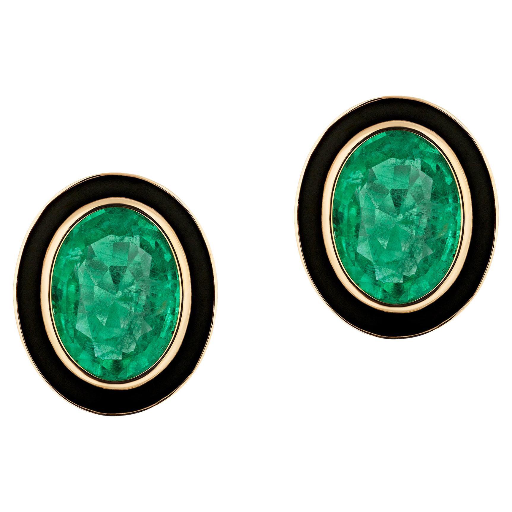 Goshwara Emerald Oval with Black Enamel Stud Earrings For Sale