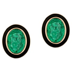 Goshwara Emerald Oval with Black Enamel Stud Earrings