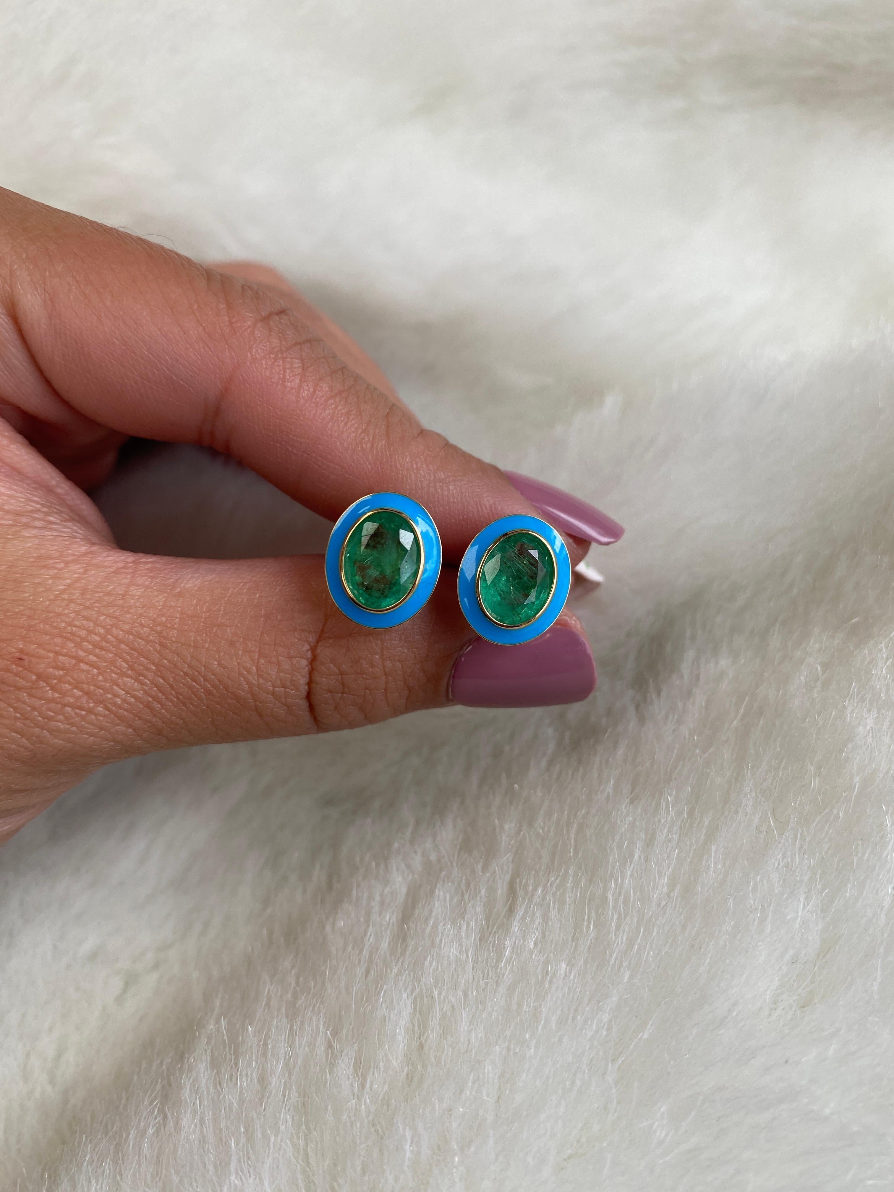 Emerald Oval Studs with Turquoise Enamel in 18K Yellow Gold, from 'Queen' Collection. The combination of enamel, and Emerald represents power, richness and passion of a true Queen. The feeling of luxury is what we’re aiming for, but at a price point