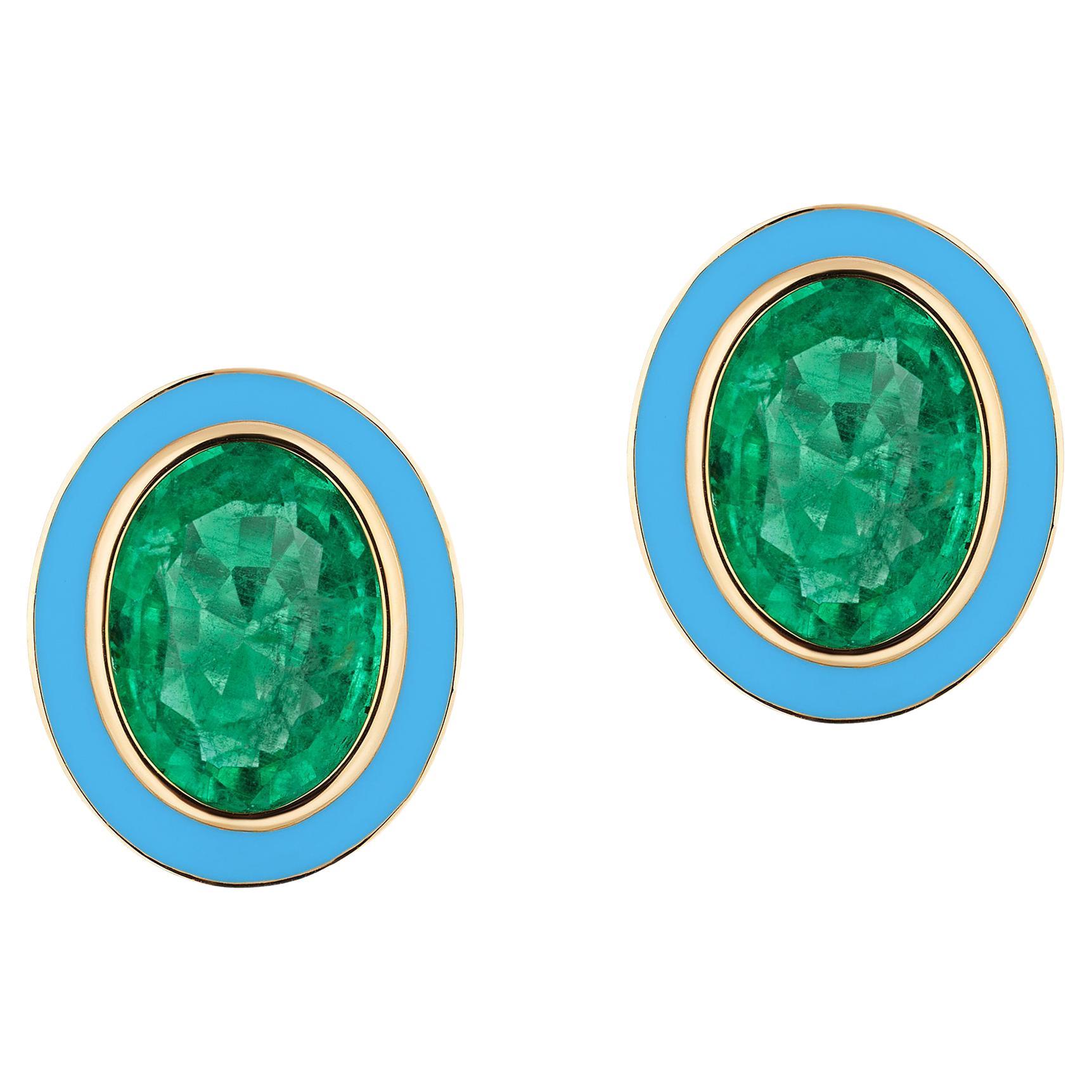 Goshwara Emerald Oval with Turquoise Enamel Stud Earrings
