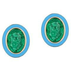 Goshwara Emerald Oval with Turquoise Enamel Stud Earrings