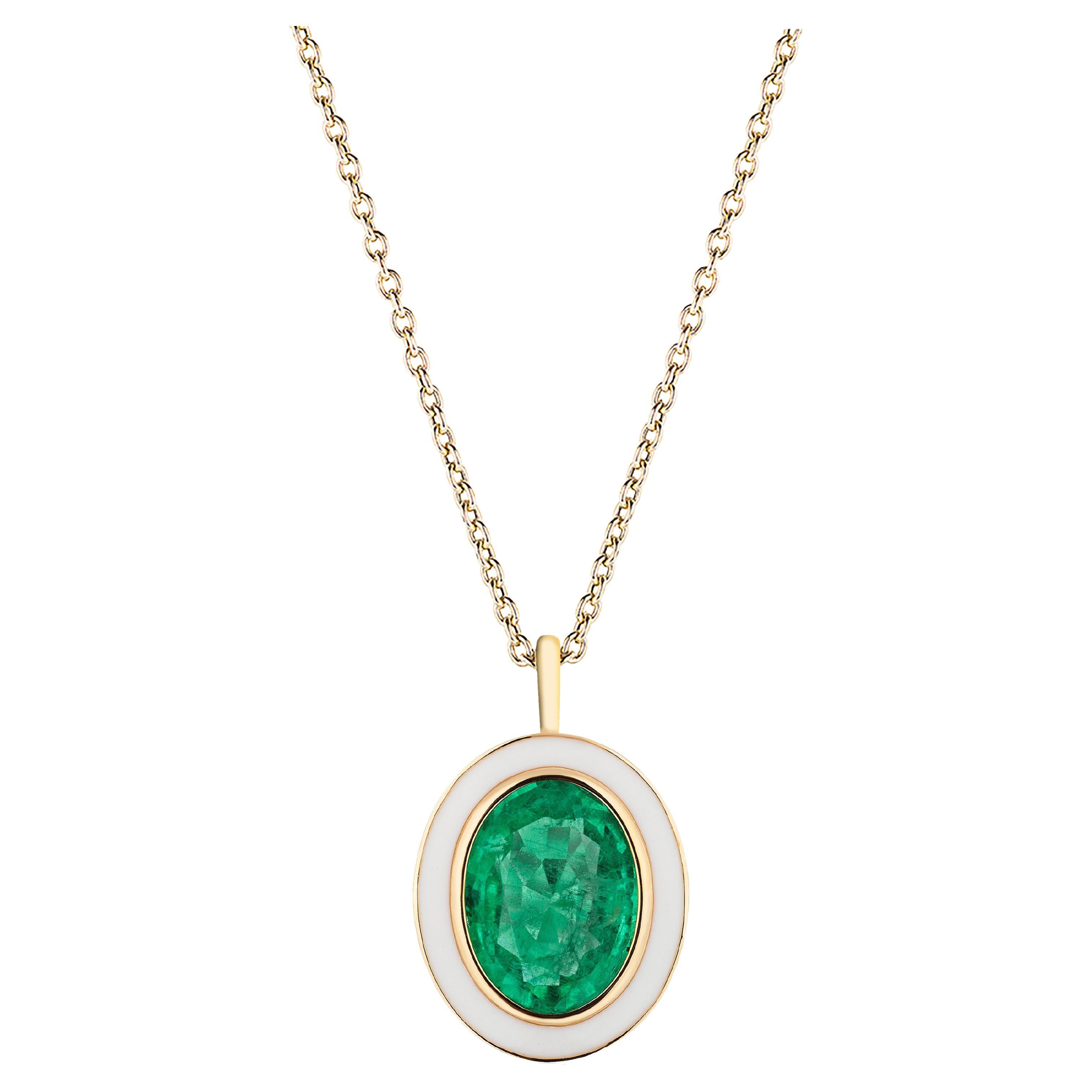 Goshwara Emerald Oval with White Enamel Pendant