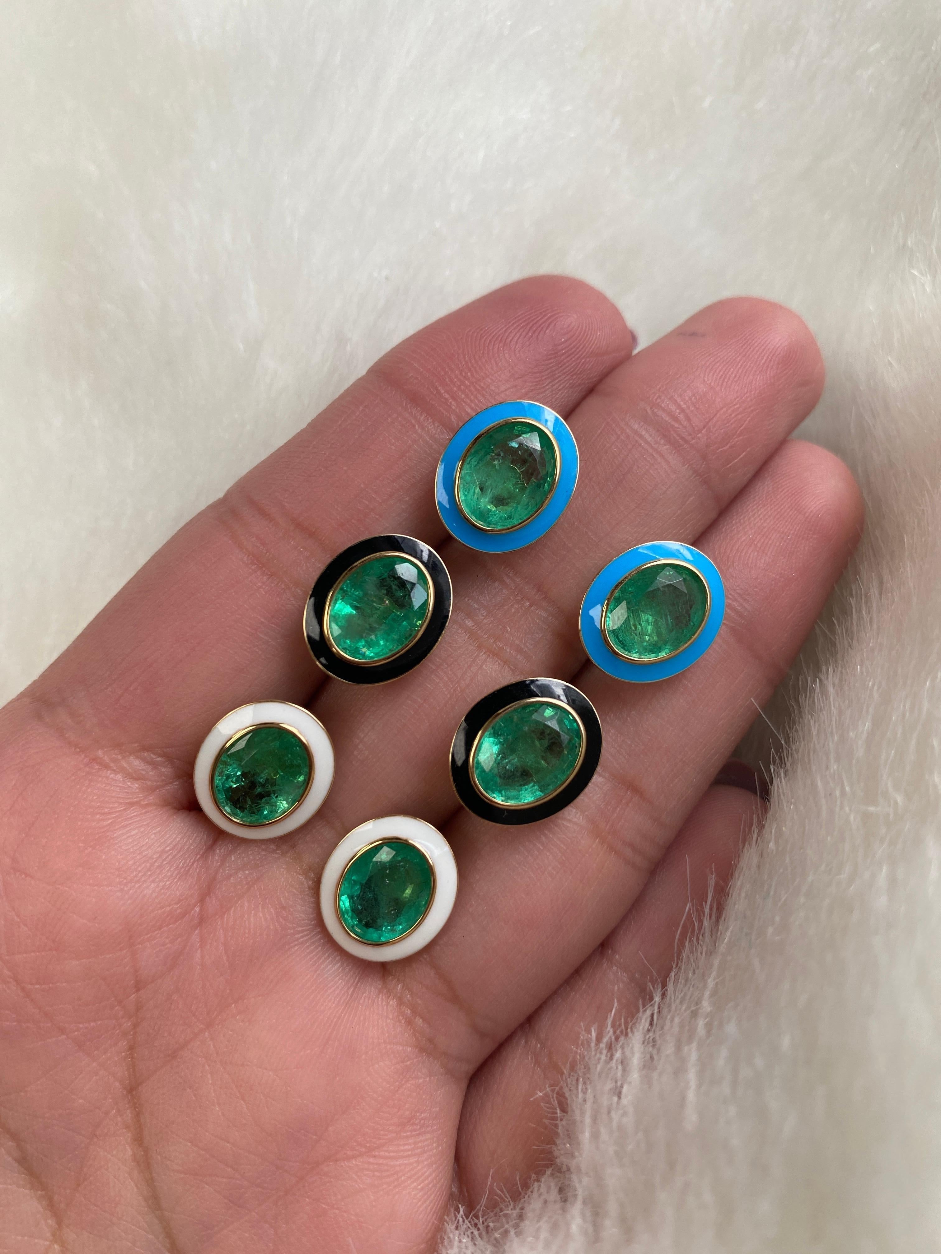 Oval Cut Goshwara Emerald Oval with White Enamel Stud Earrings For Sale