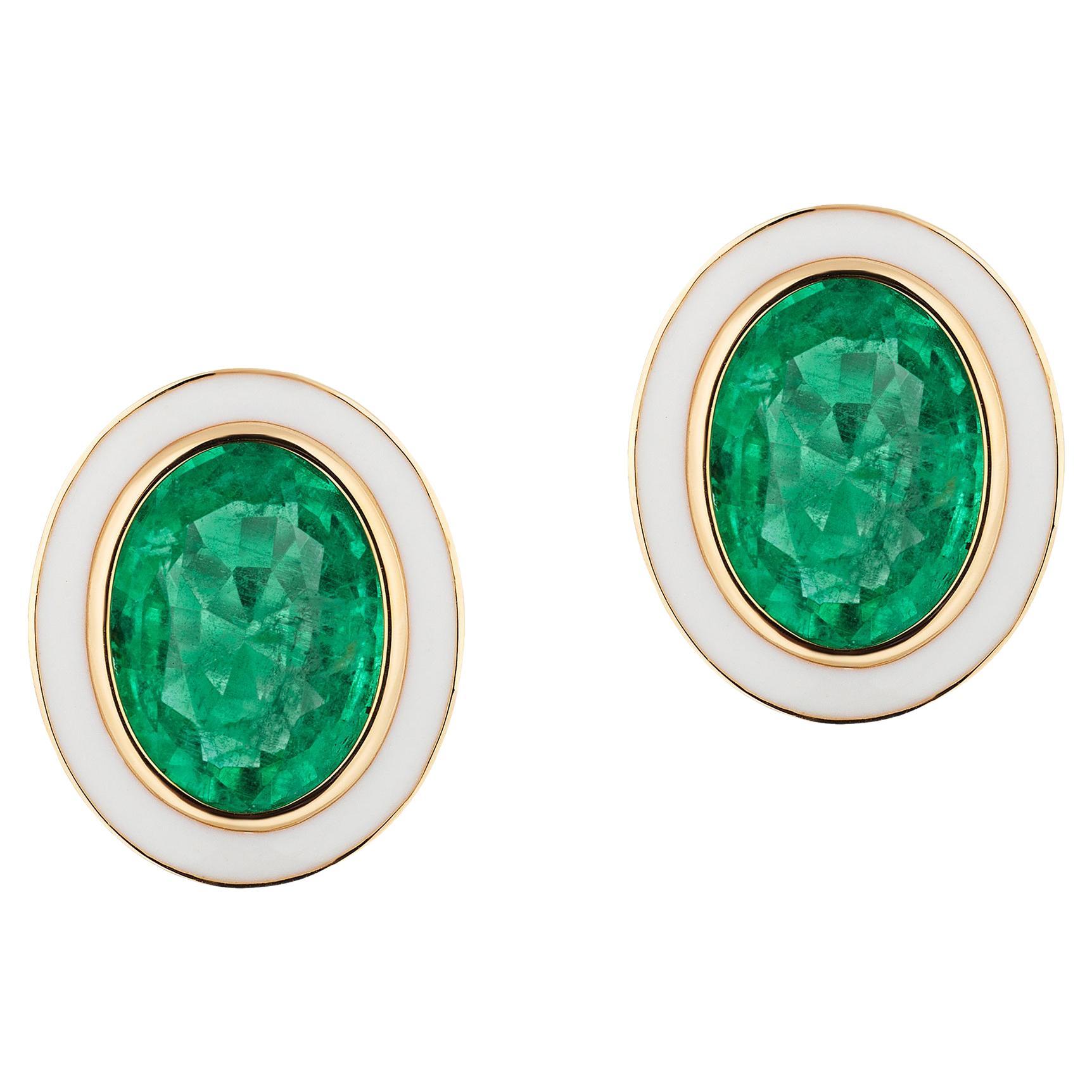 Goshwara Emerald Oval with White Enamel Stud Earrings For Sale