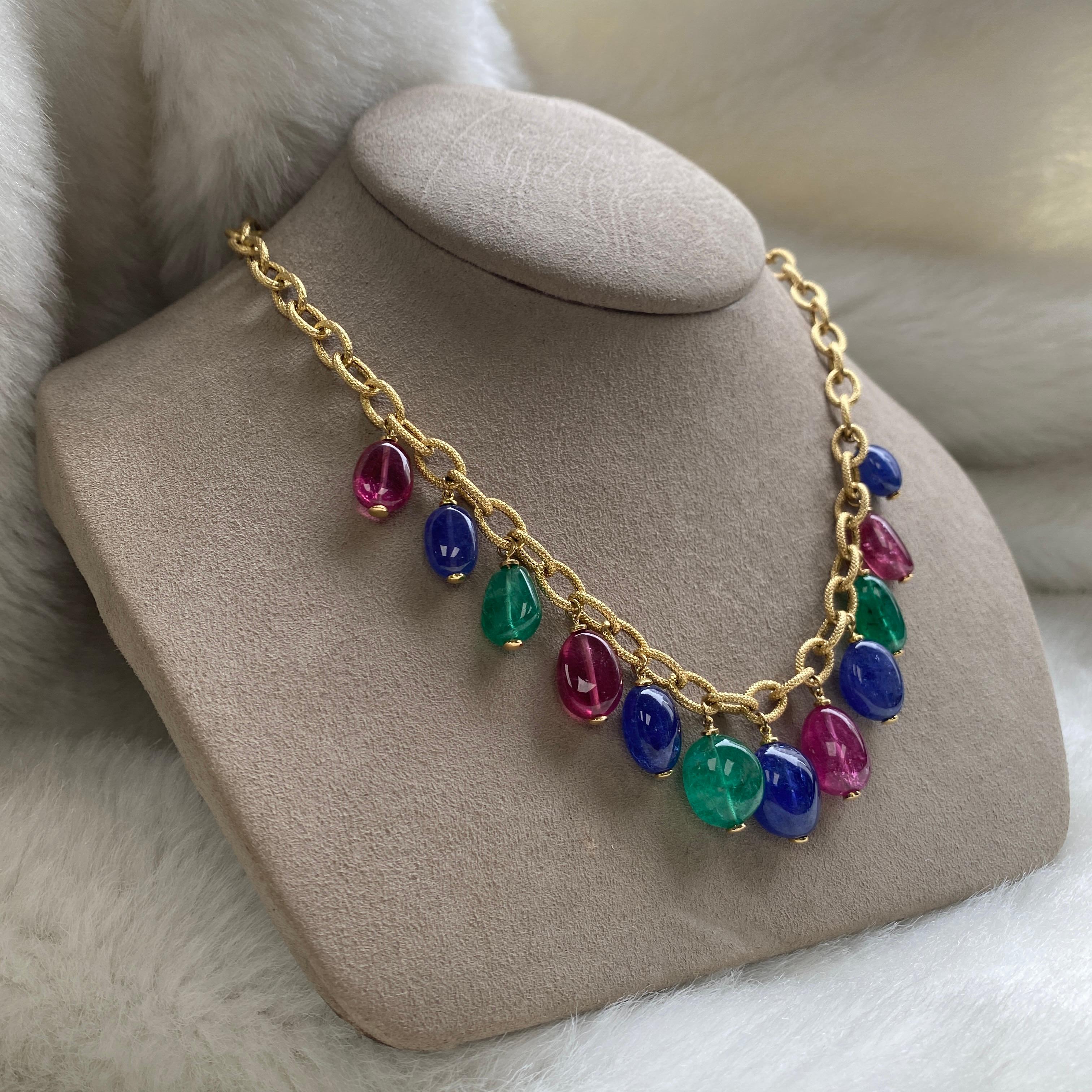 Contemporary Goshwara Emerald, Tanzanite And Rubelite Tumble Bead Frosted Chain Necklace